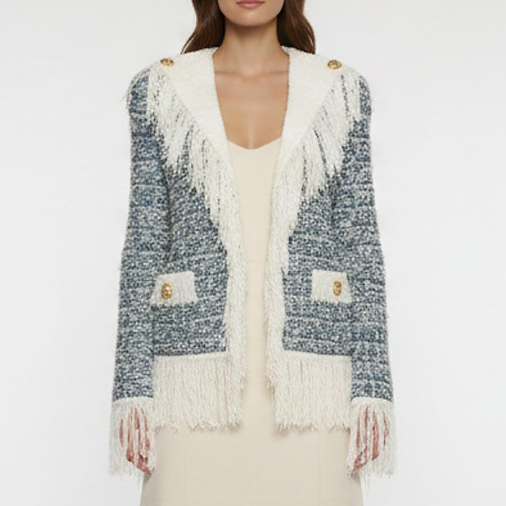 Balmain Blue Crystal Embellished Tweed Knit Fringed Jacket S