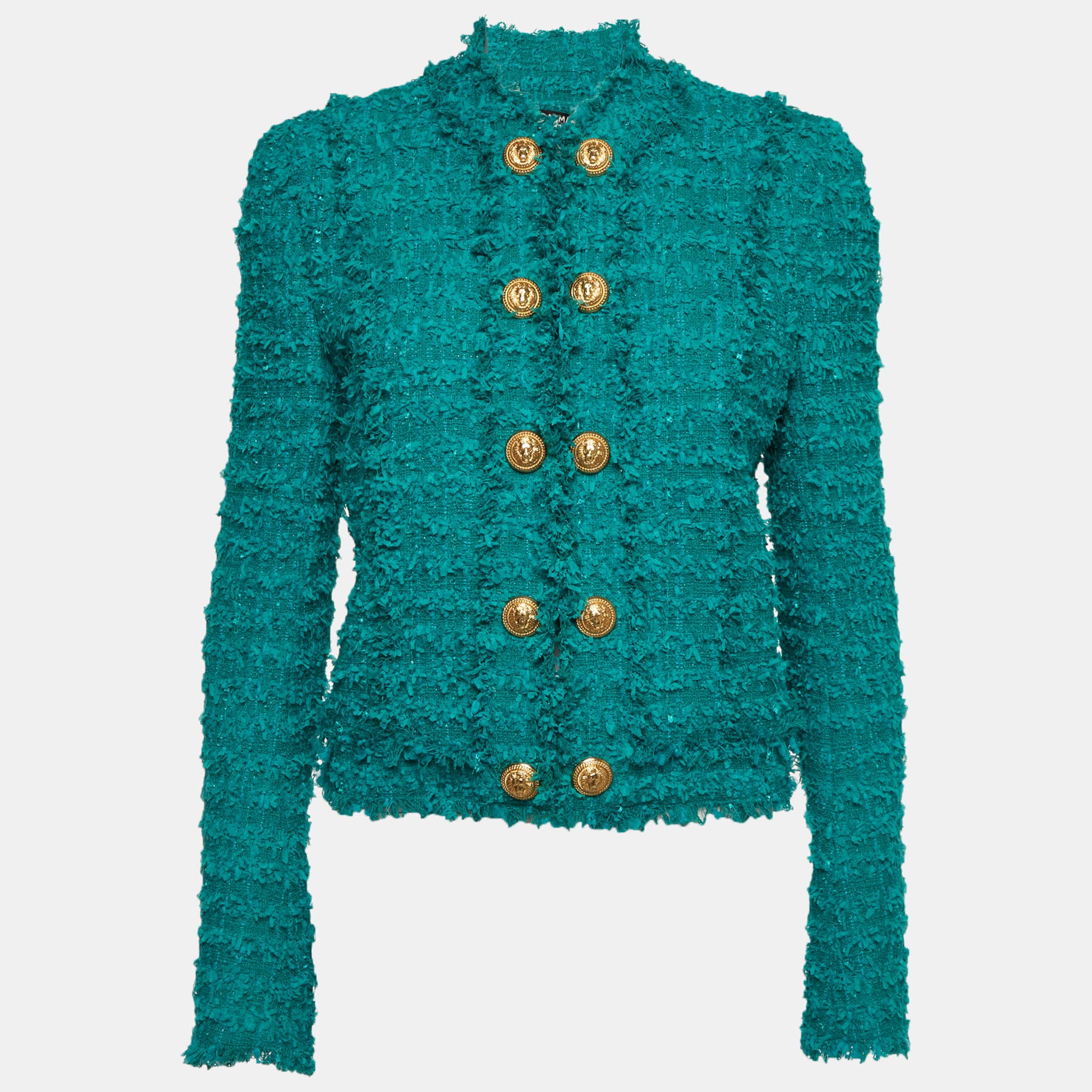 Balmain Teal Button Embellished Tweed Jacket M