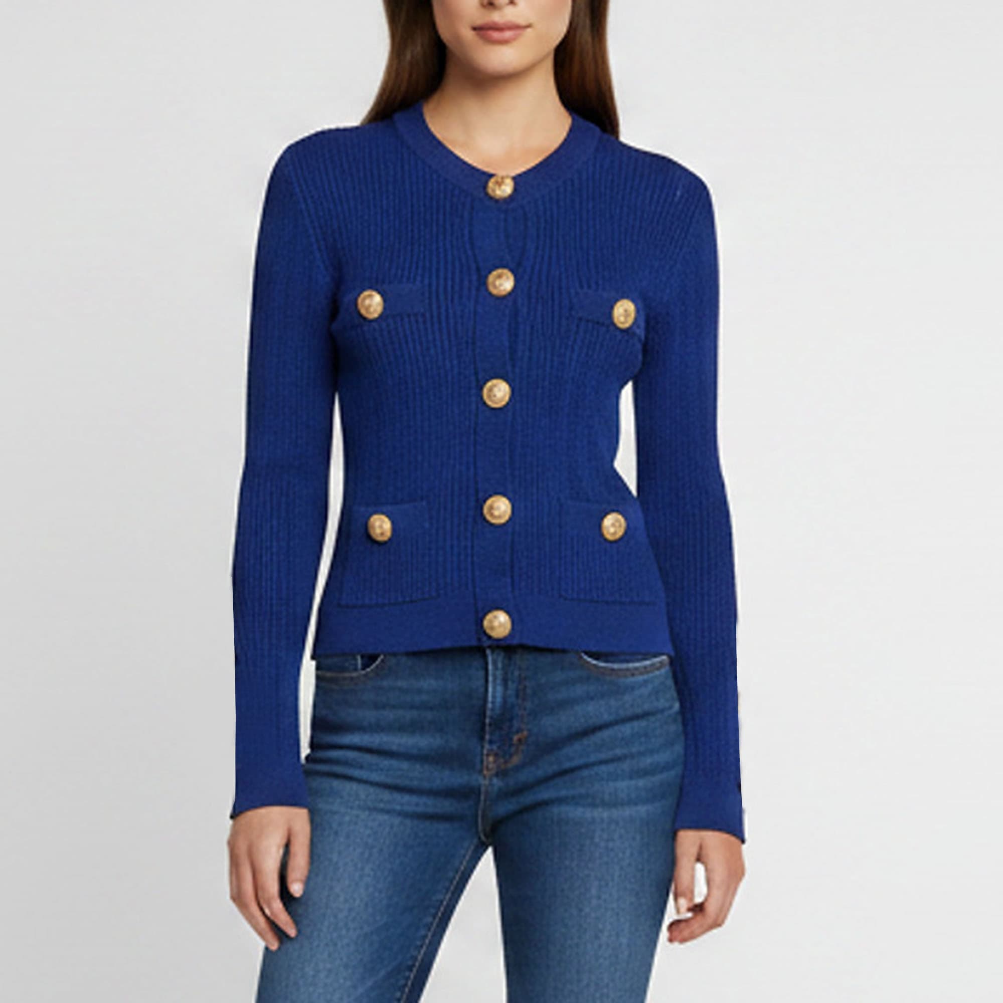 Balmain Royal Blue Pointelle Rib Knit Cardigan S