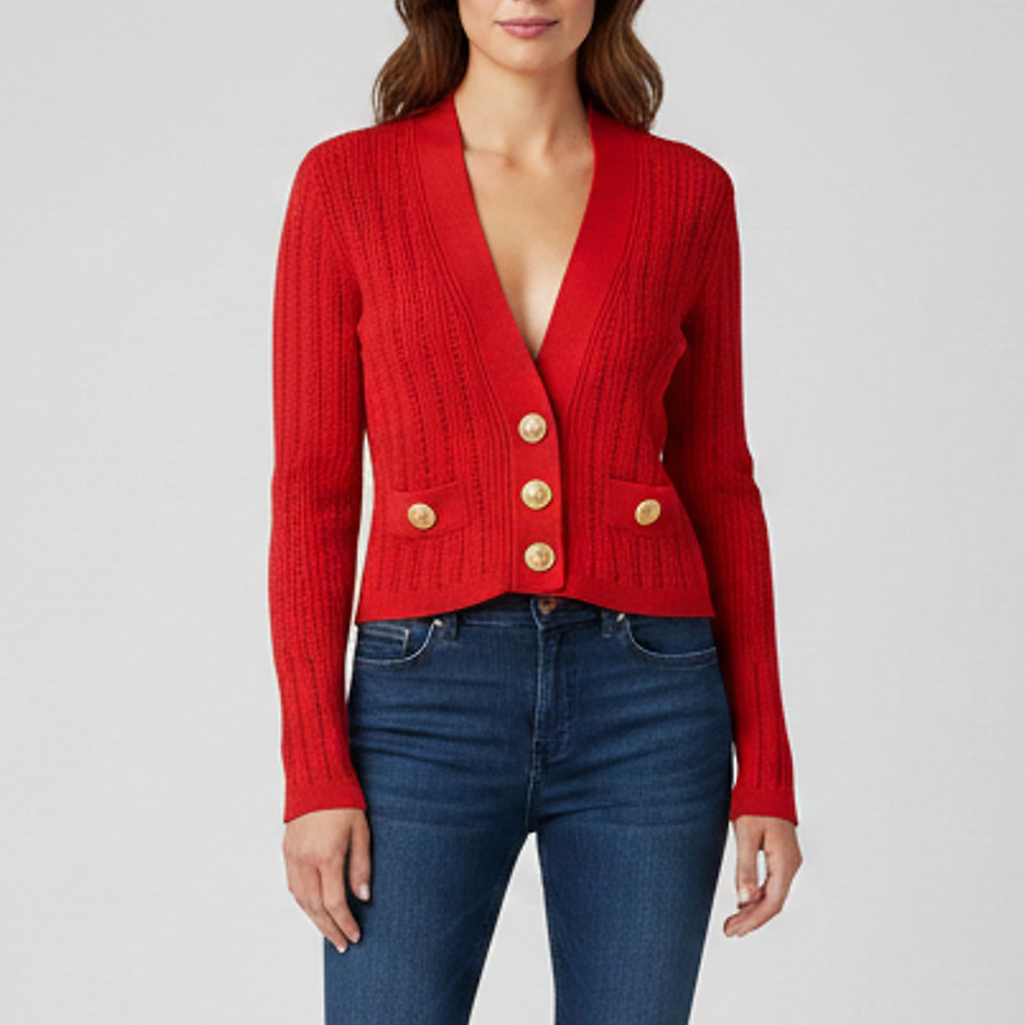 Balmain Red Pointelle Rib Knit V-Neck Cropped Cardigan S