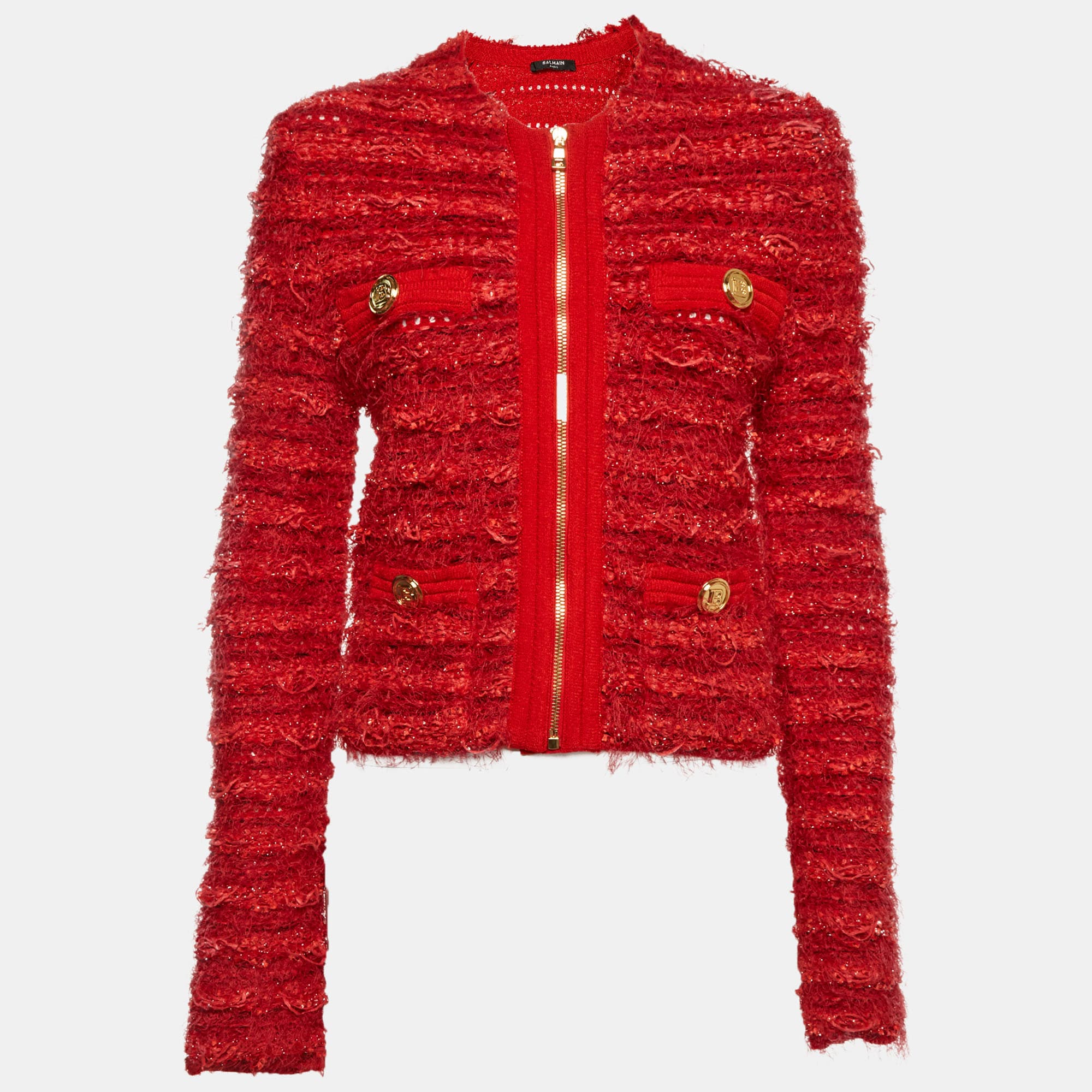Balmain Red Button Embellished Tweed Knit Zip Up Jacket S