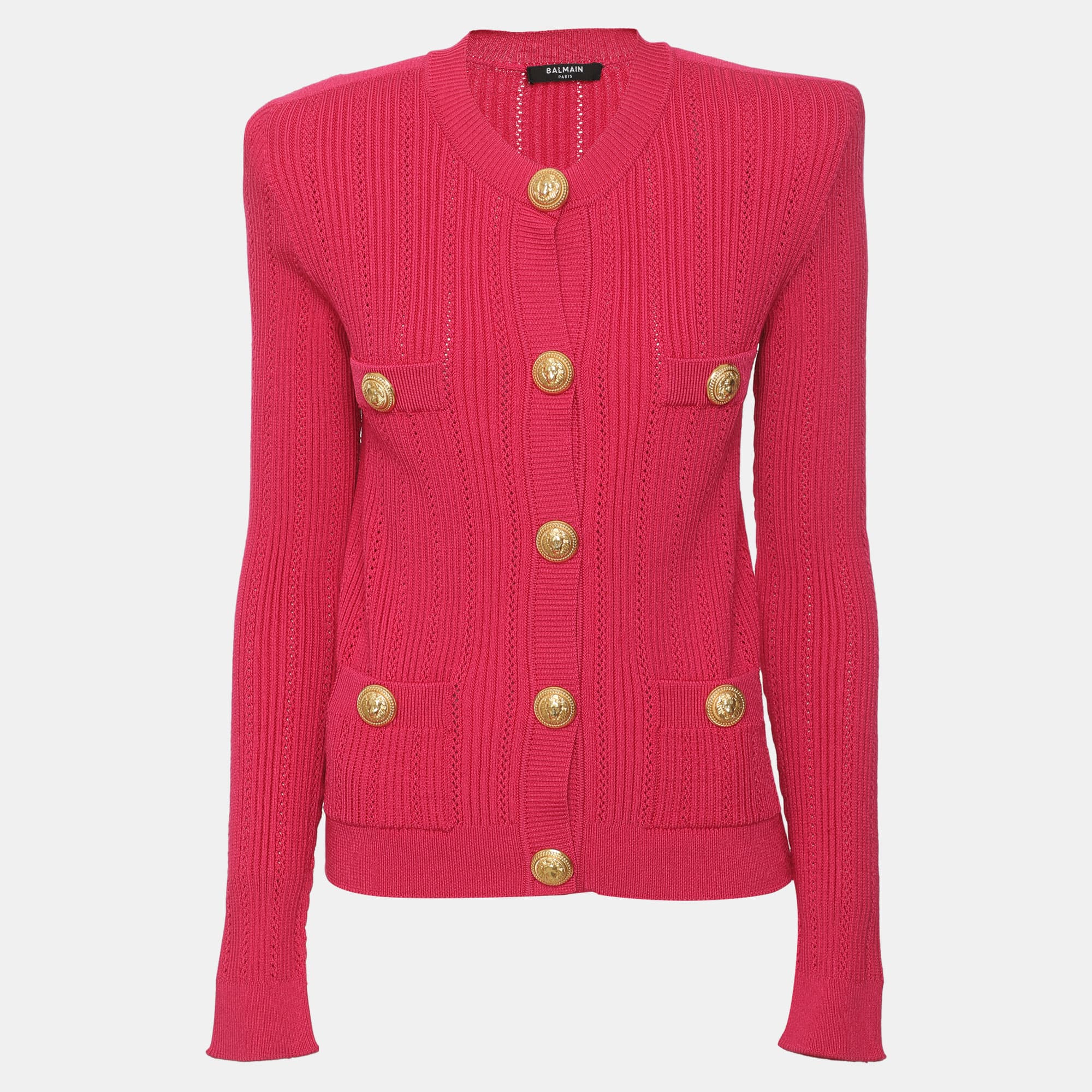 Balmain Pink Rib Knit String Shoulder Cardigan S