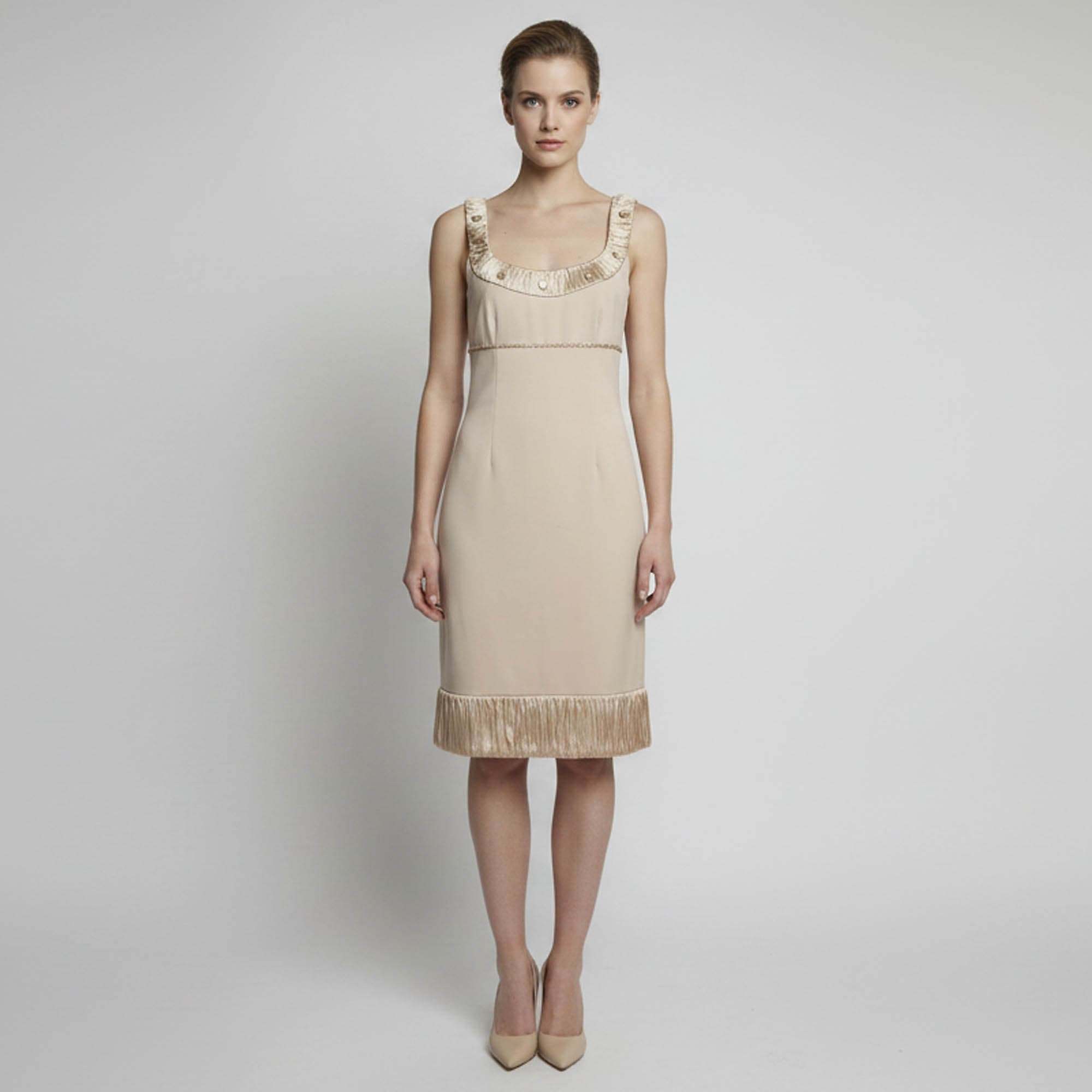 Blumarine Beige Wool Blend Satin Trim Crystal Embellished Dress S