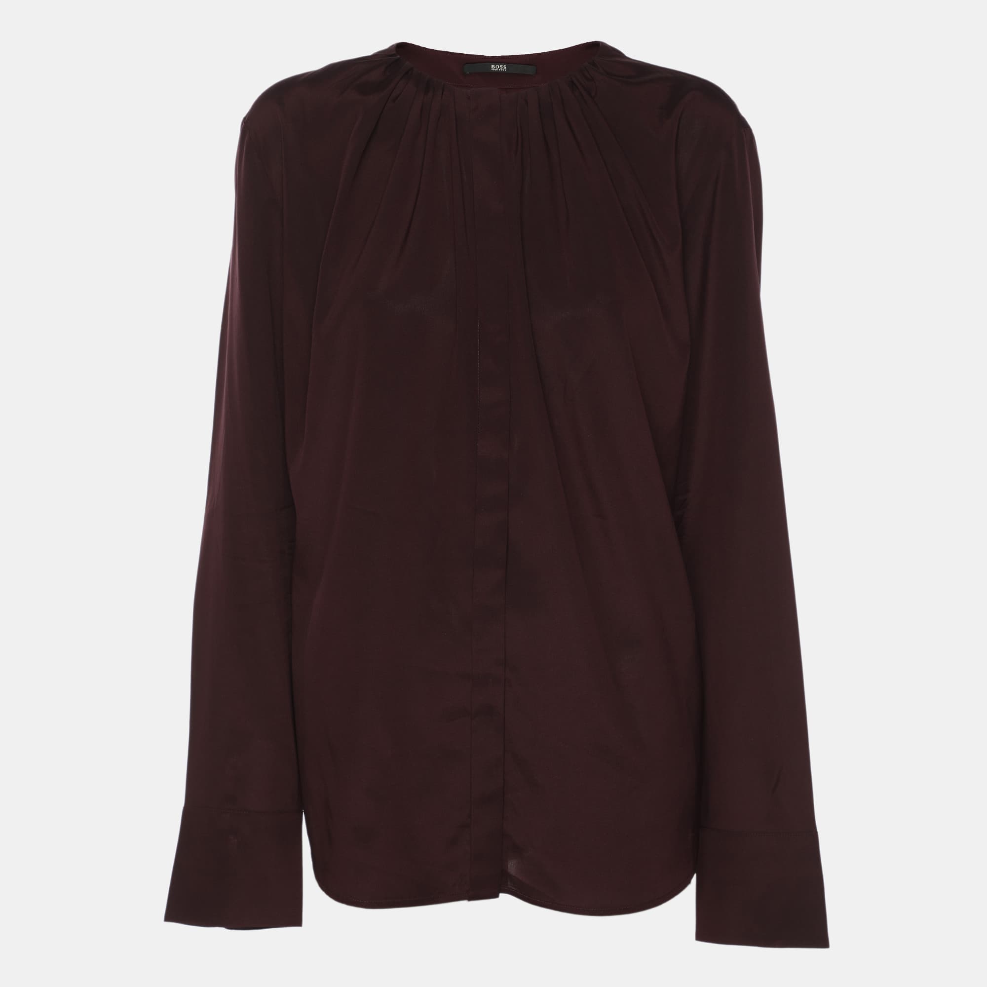 Boss By Hugo Boss Dark Burgundy Satin Long Sleeve Shirt L
