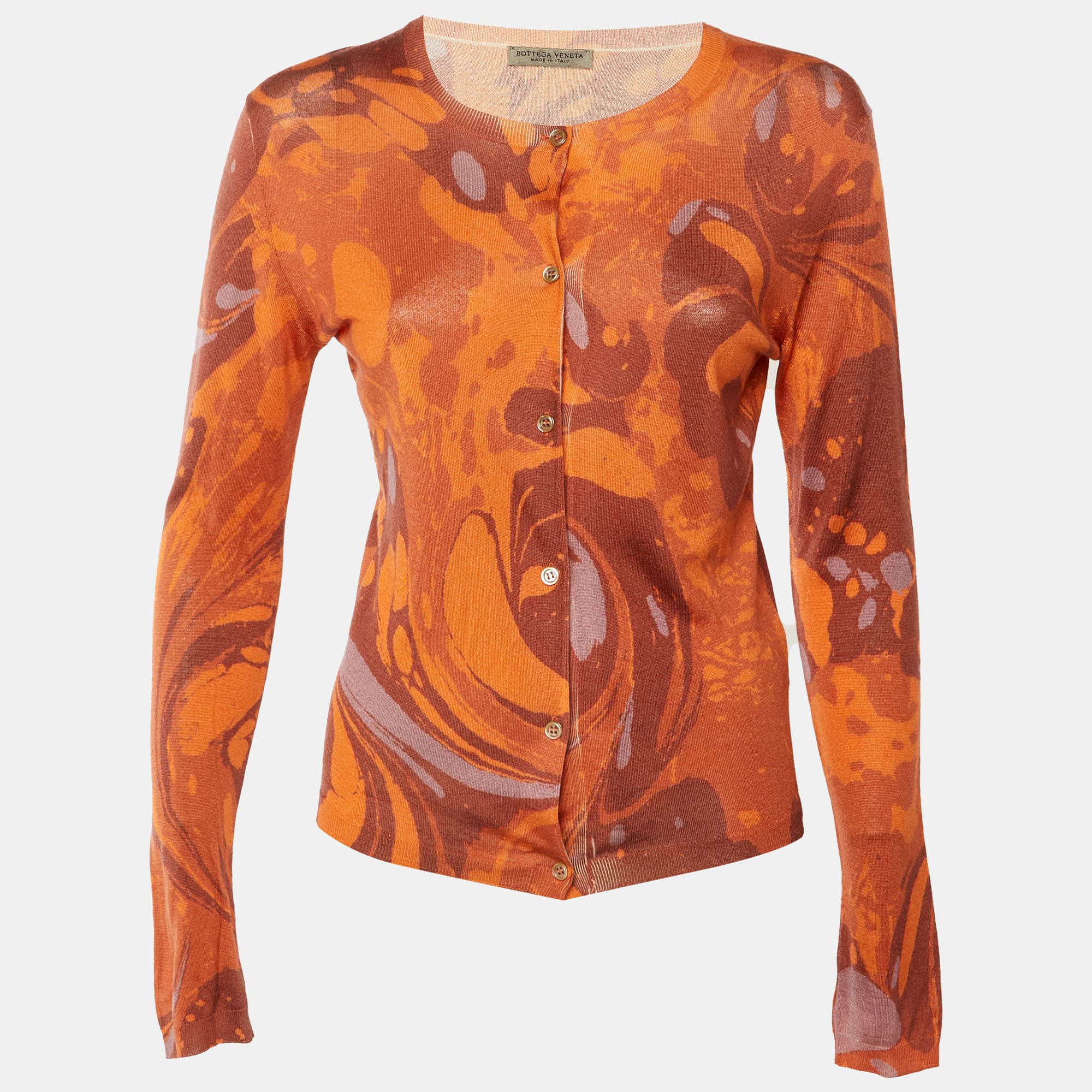 Bottega Veneta Orange Printed Cashmere & Silk Cardigan S