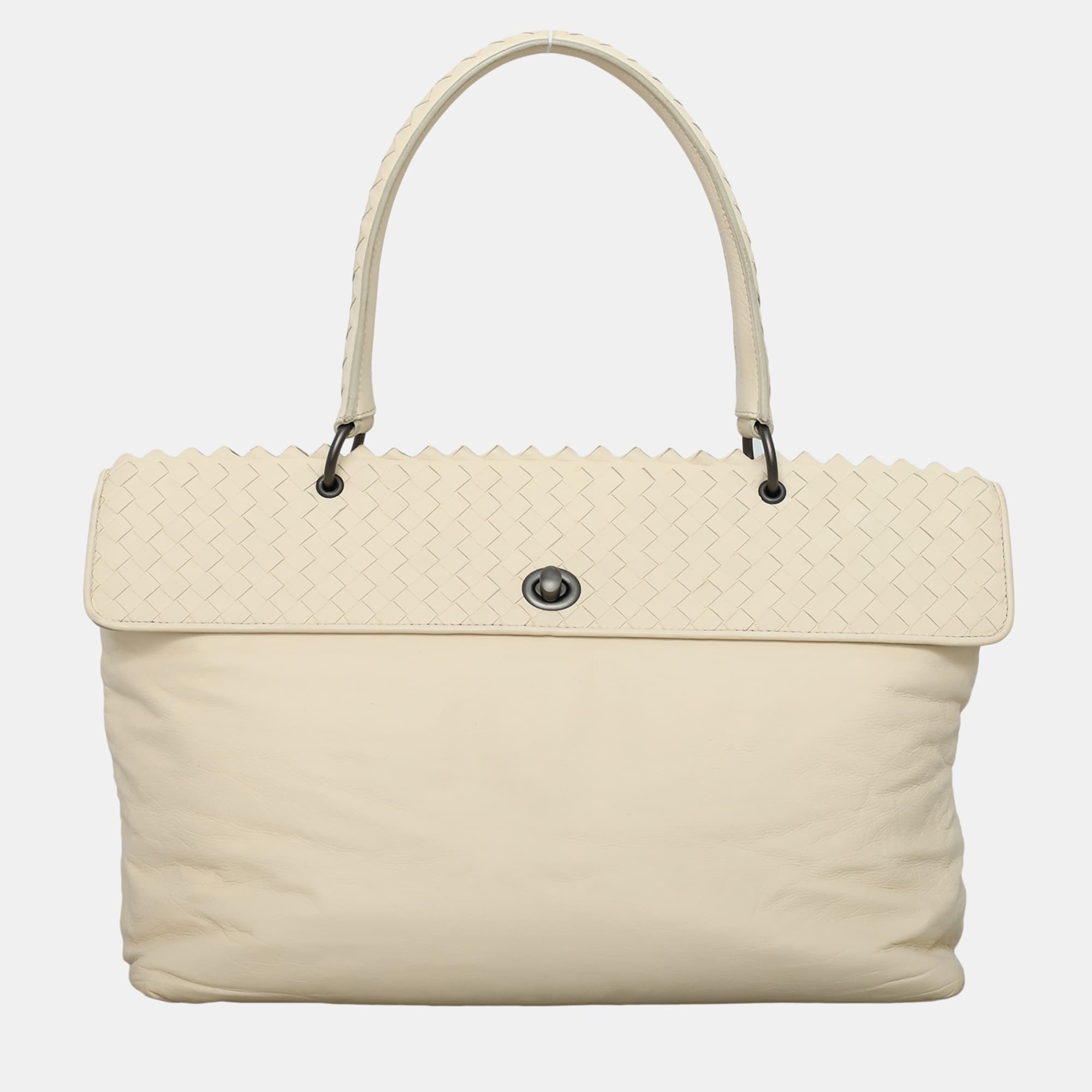Bottega Veneta Intrecciato Top Handle Off-White Leather Top Handle Bag