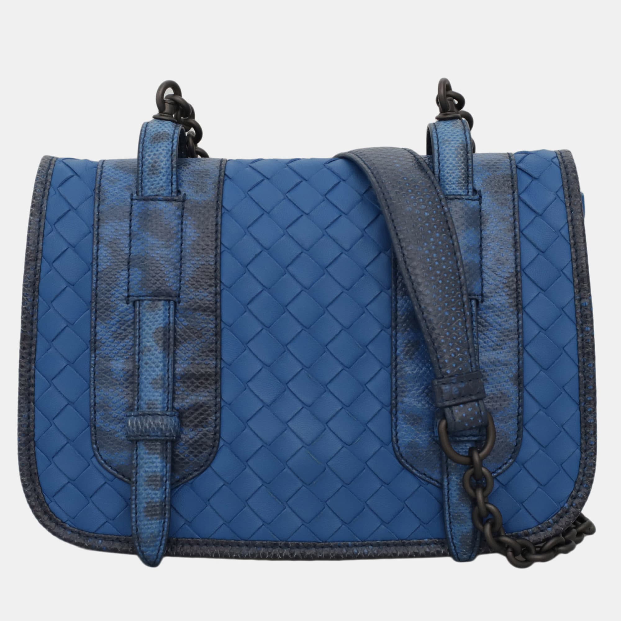 Bottega Veneta Flap Crossbody Bag Blue Intrecciato Karung Leather Crossbody Bag