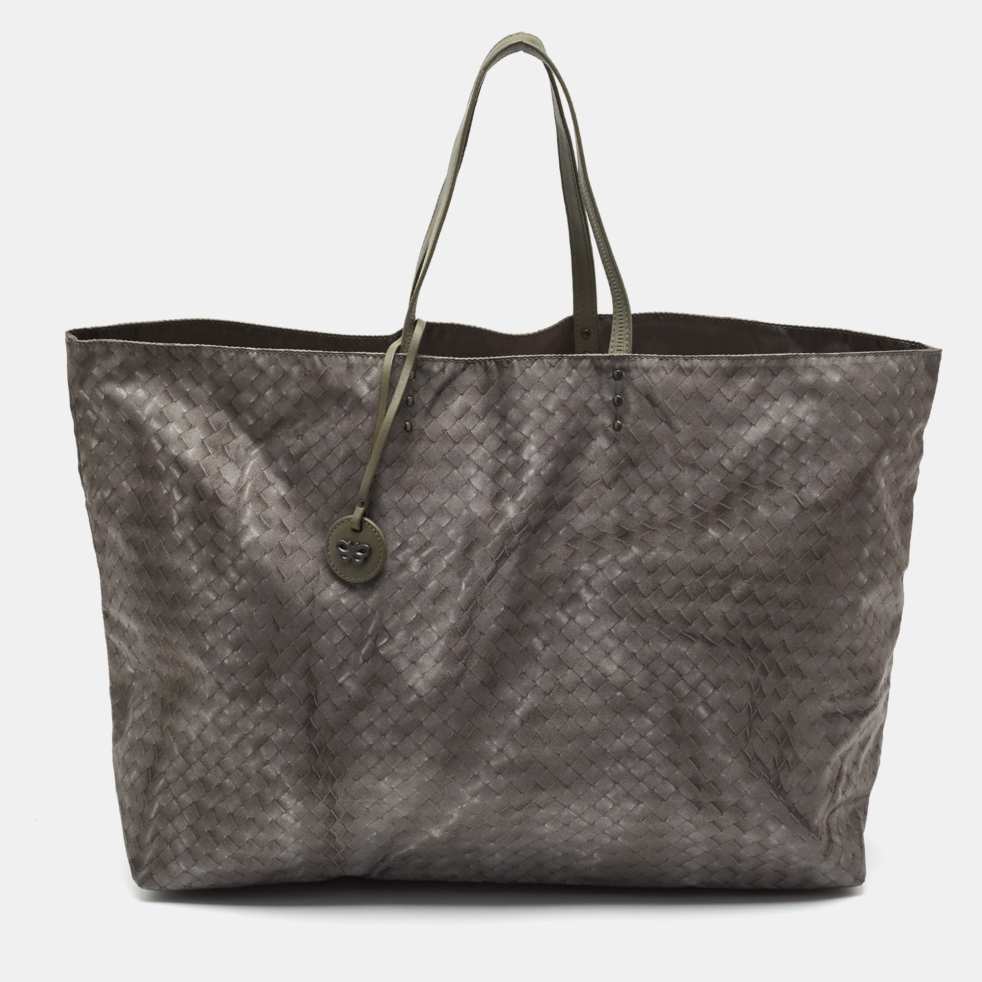 Bottega Veneta Grey Intrecciato Print Nylon and Leather Tote