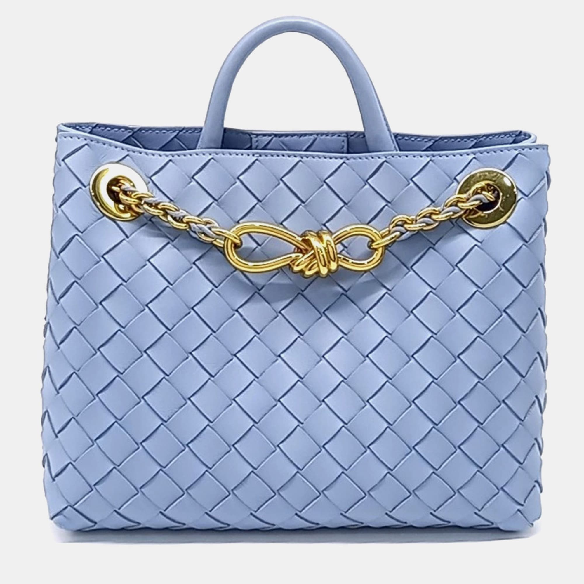 Bottega Veneta Andiamo Small Blue Intrecciato Leather Top Handle Bag