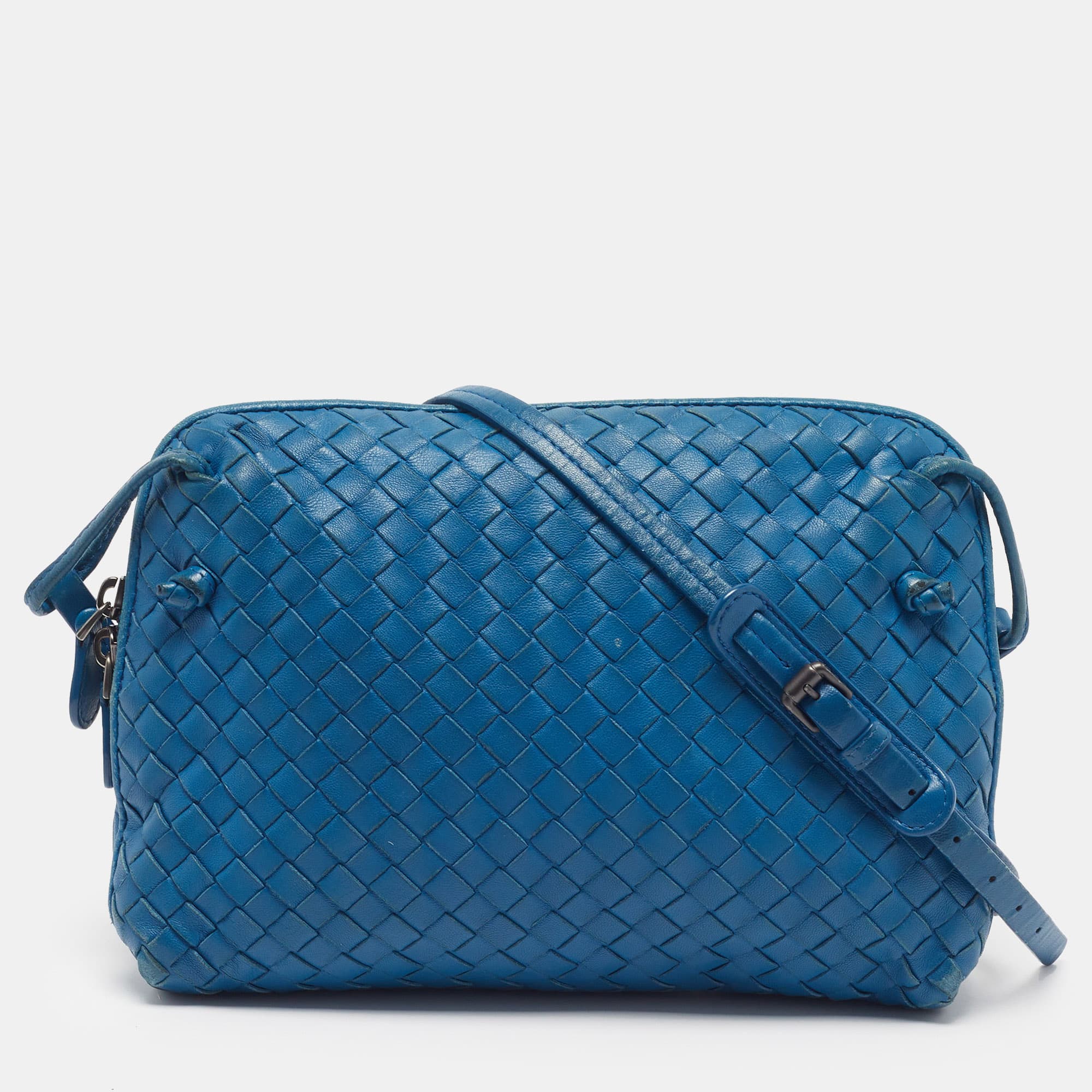 Bottega Veneta Nodini Blue Intrecciato Leather Shoulder Bag