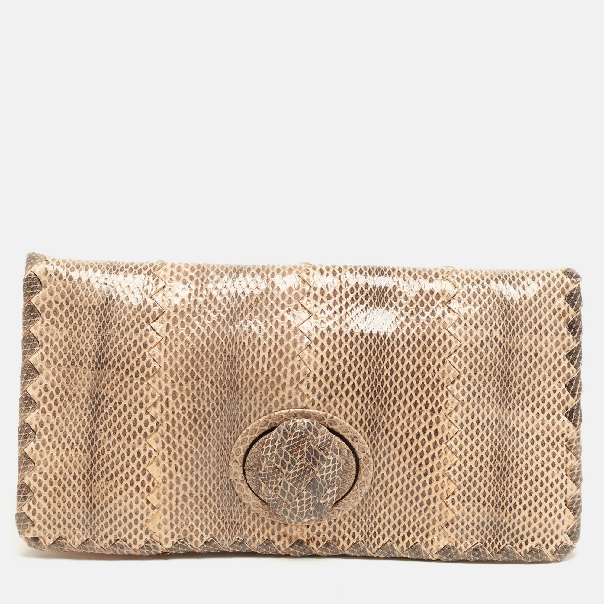 Bottega Veneta Turnlock Flap Beige/Black Watersnake Clutch