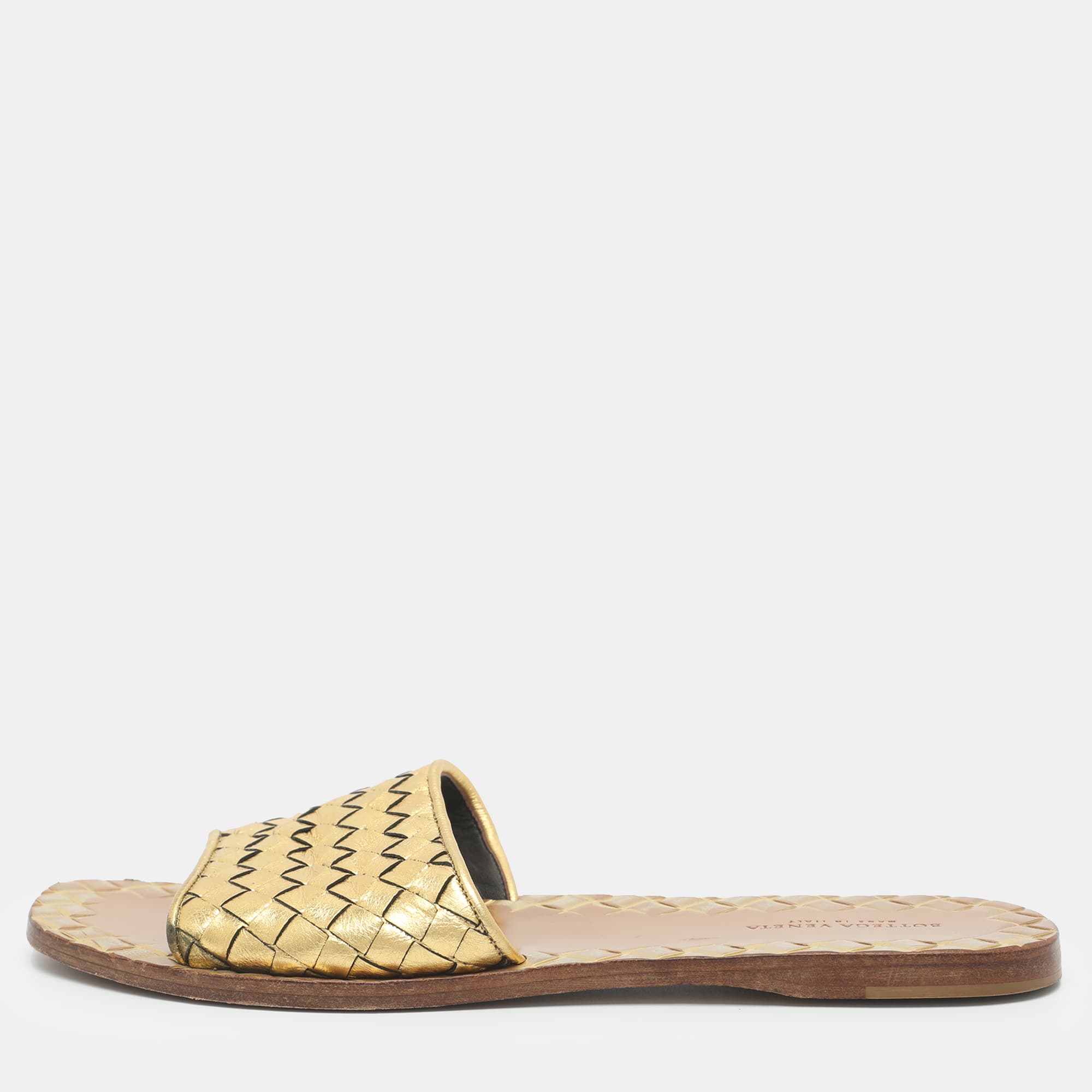 Bottega Veneta Size 37.5 Metallic Gold Intrecciato Leather Flat Slides