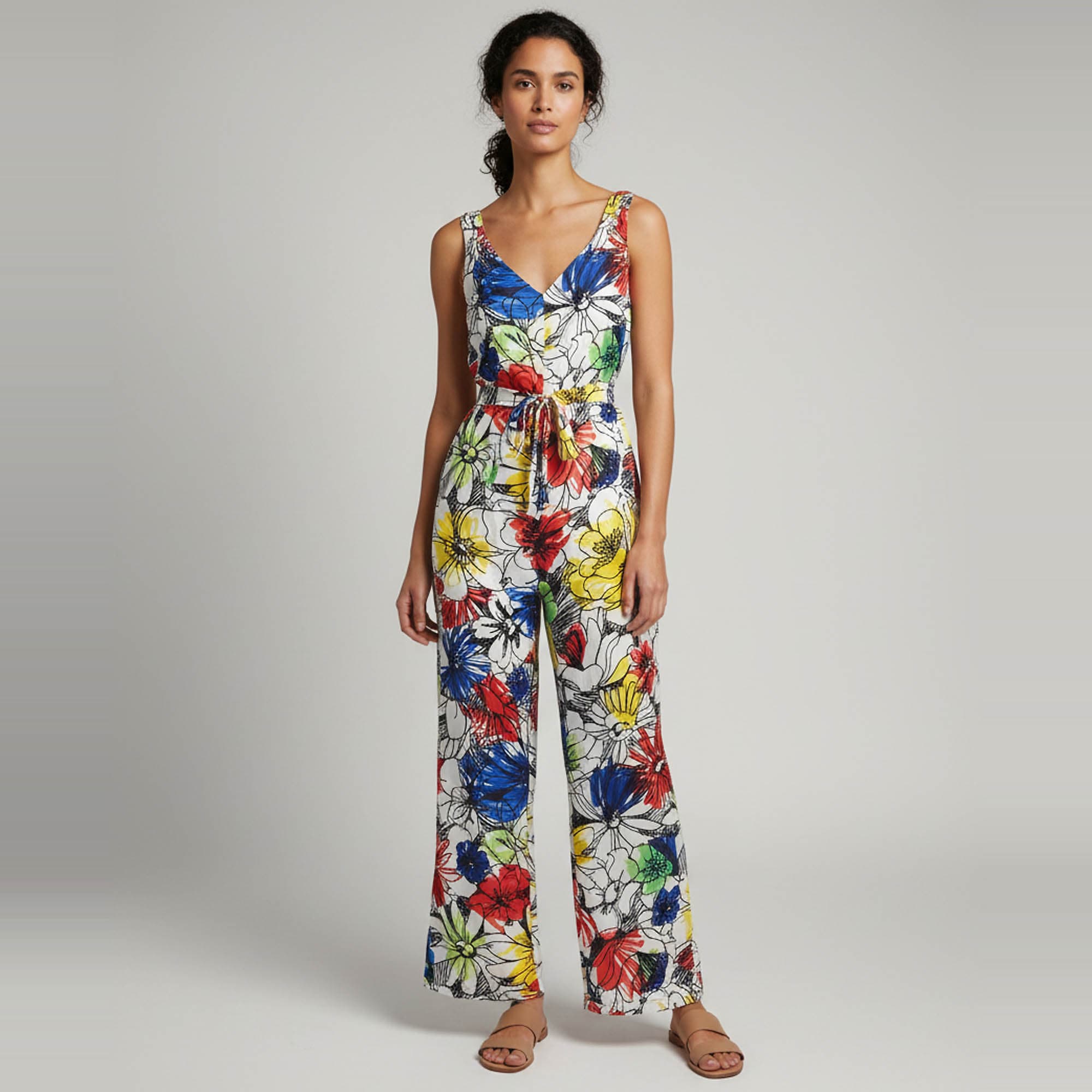 Boutique Moschino Multicolor Floral Print Satin Belted Jumpsuit M