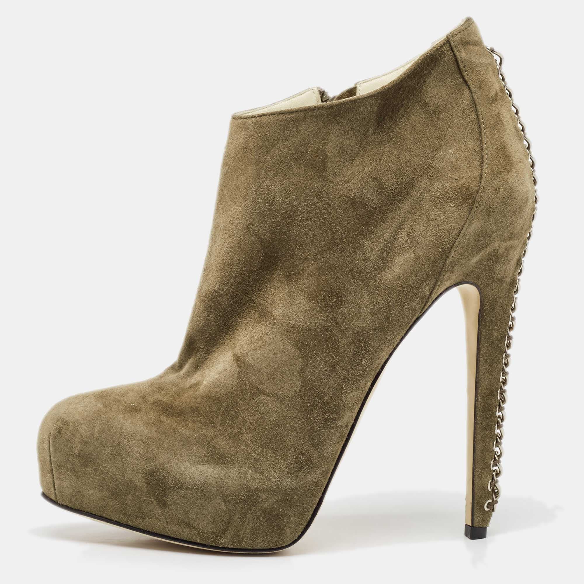 Brian Atwood Olive Green Suede Chain Embellished Booties Size 38.5