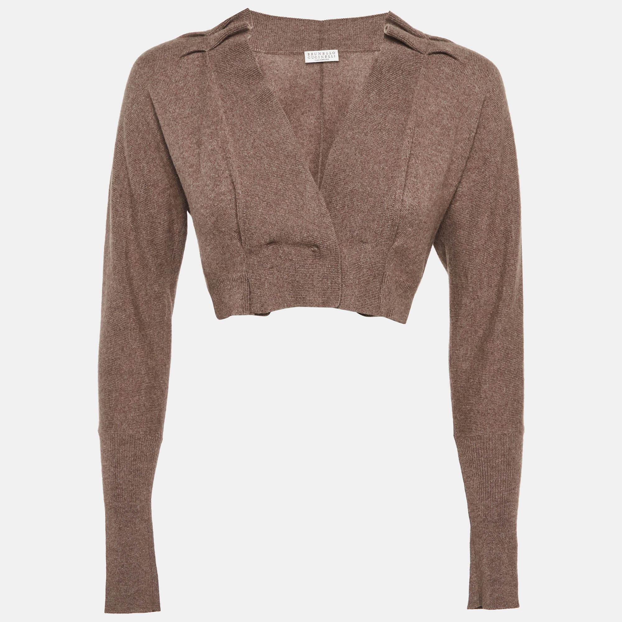 Brunello Cucinelli Brown Cashmere Knit Crop Cardigan XS