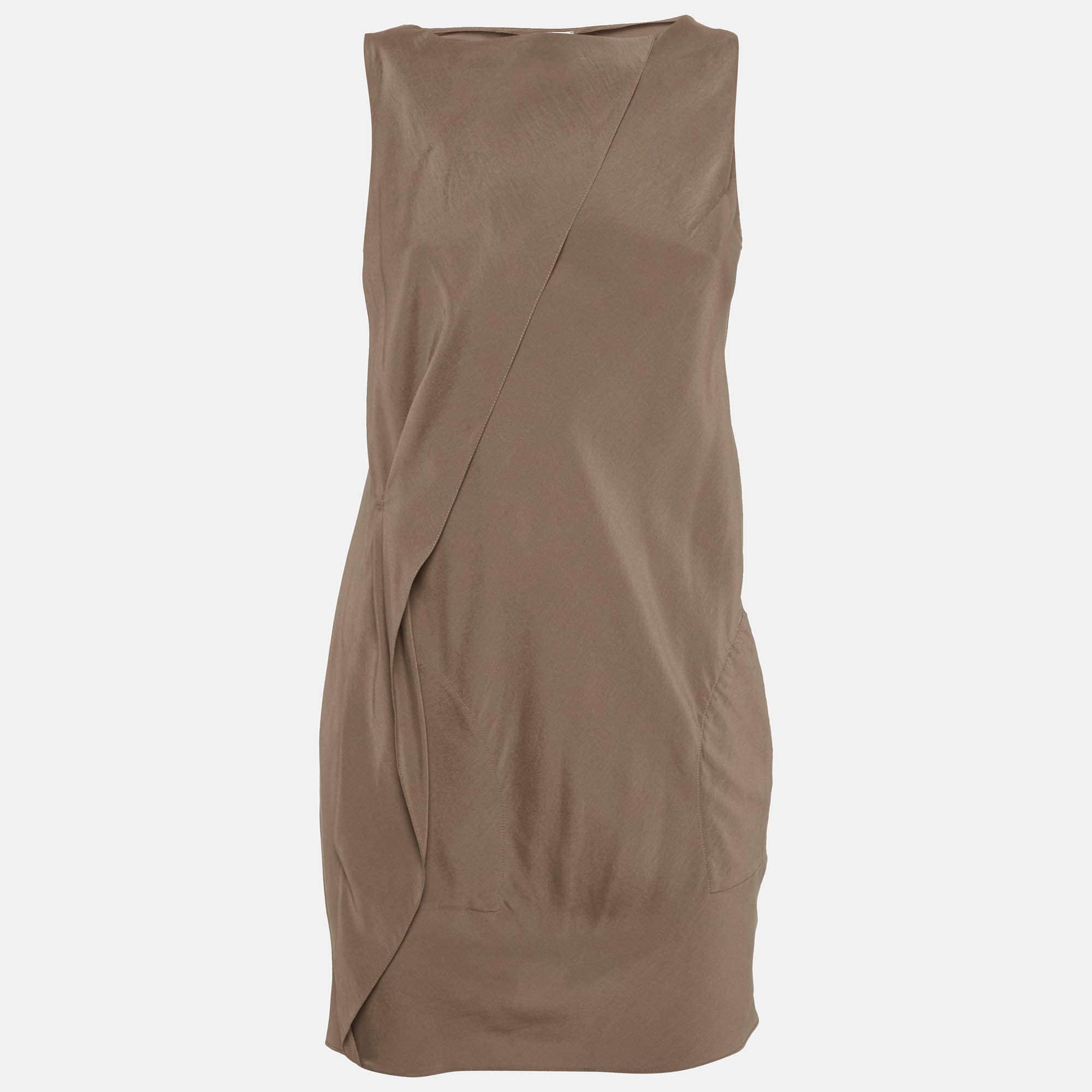 Brunello Cucinelli Brown Silk Asymmetrical Drape Mini Dress XS