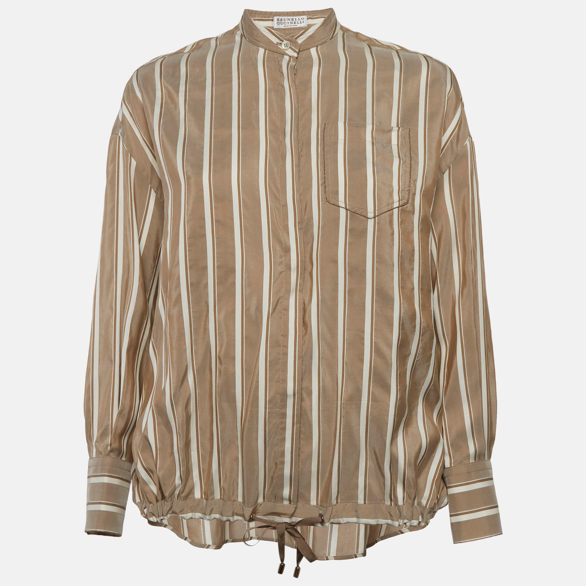 Brunello Cucinelli Light Brown Striped Silk Drawstring Shirt XS
