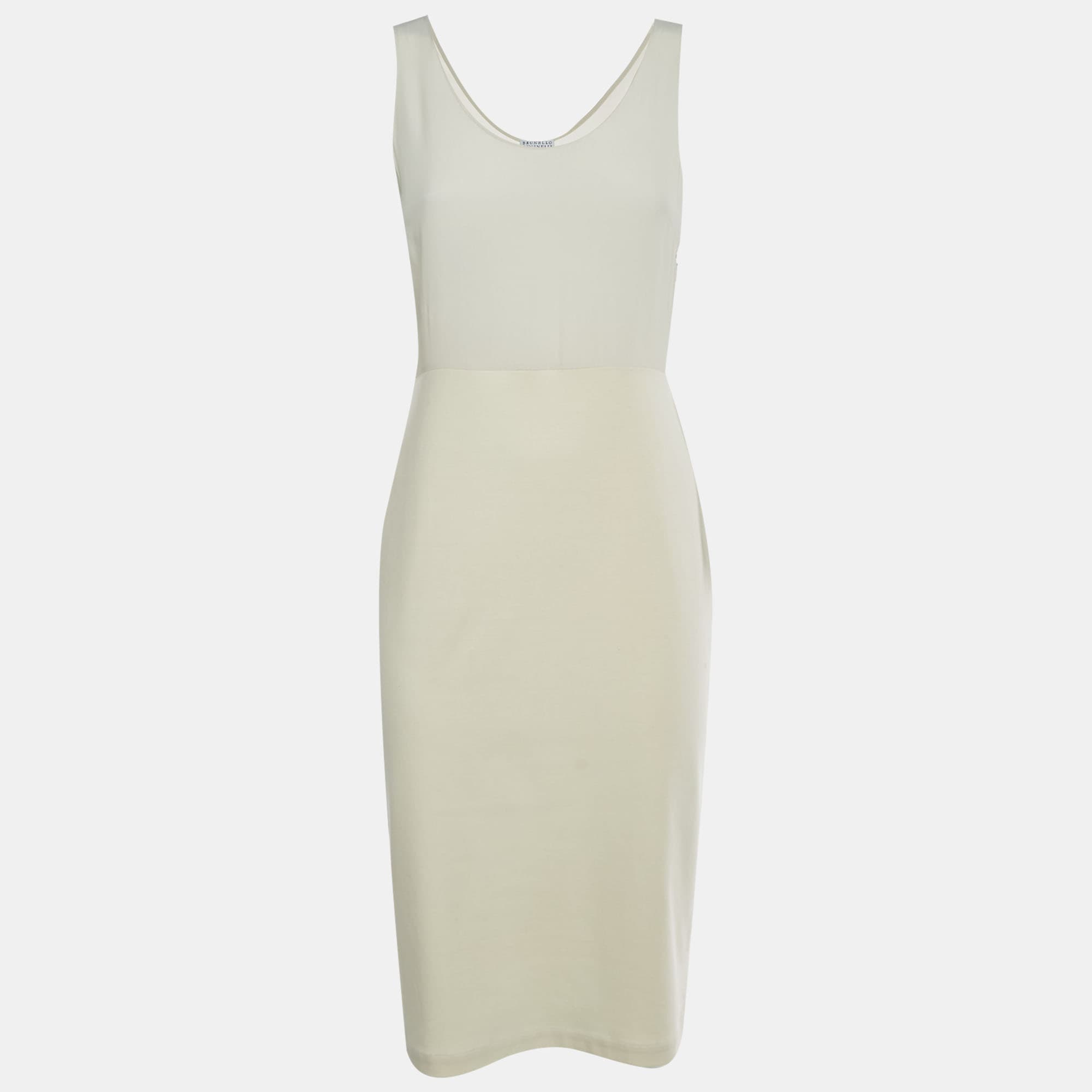 Brunello Cucinelli Cream Jersey and Silk Mini Dress M