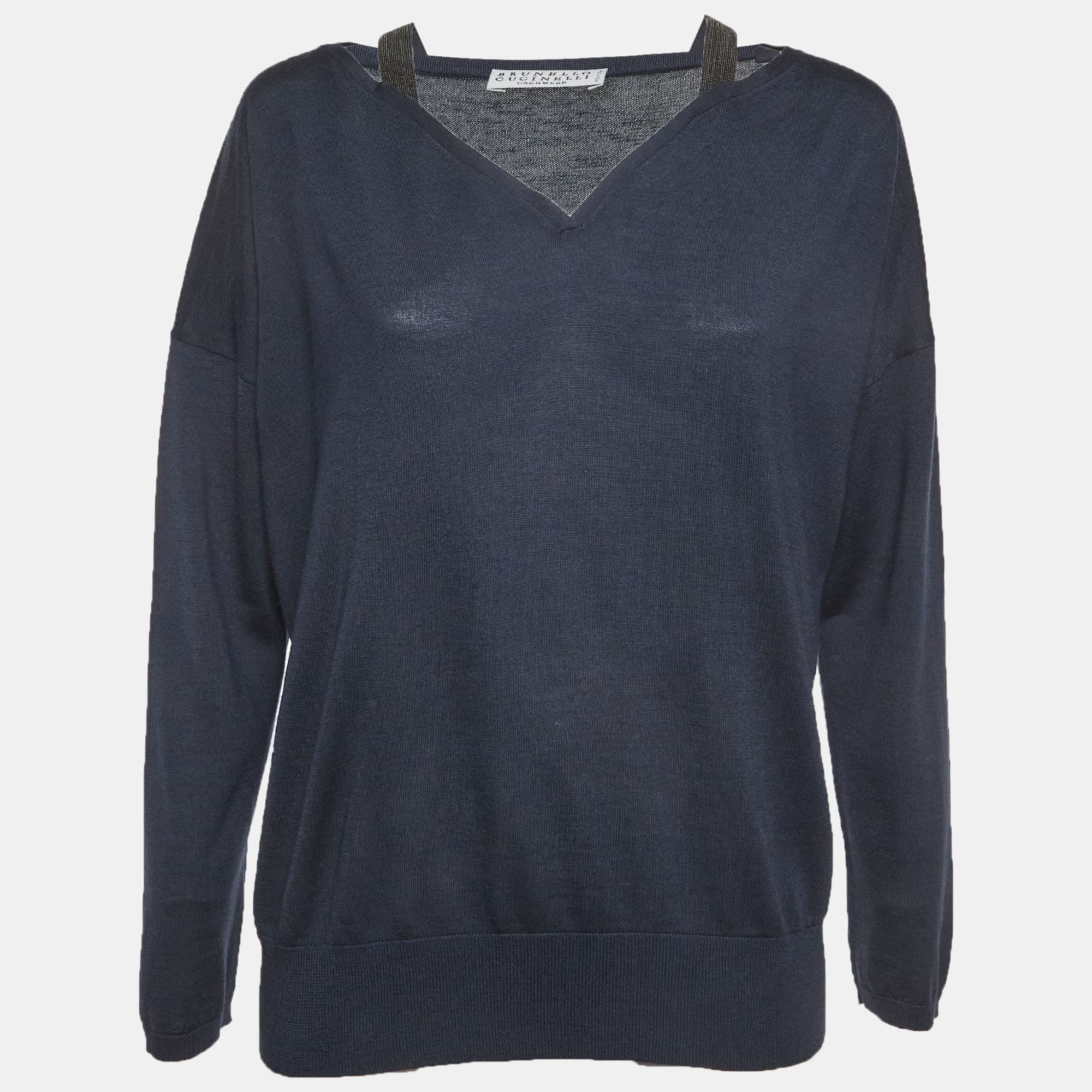 Brunello Cucinelli Navy Blue Cashmere Blend Knitted V-Neck Top S