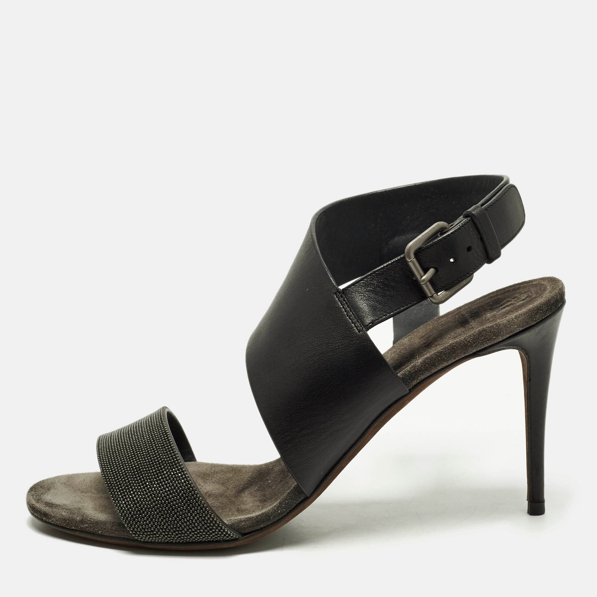 Brunello Cucinelli Size 38.5 Black/Grey Leather and Ankle Strap Sandals
