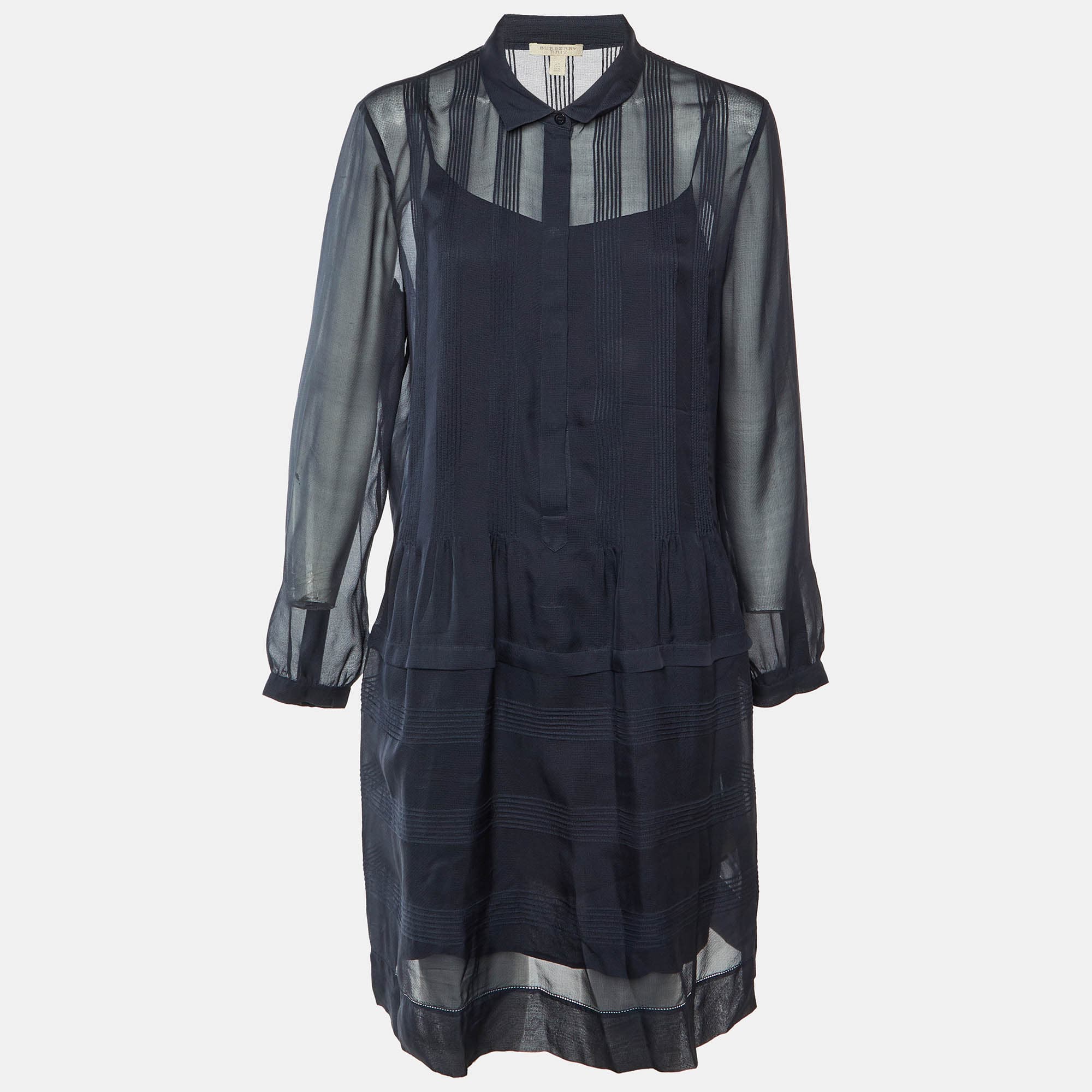 Burberry Brit Midnight Blue Silk Pintucked Knee Length Dress L