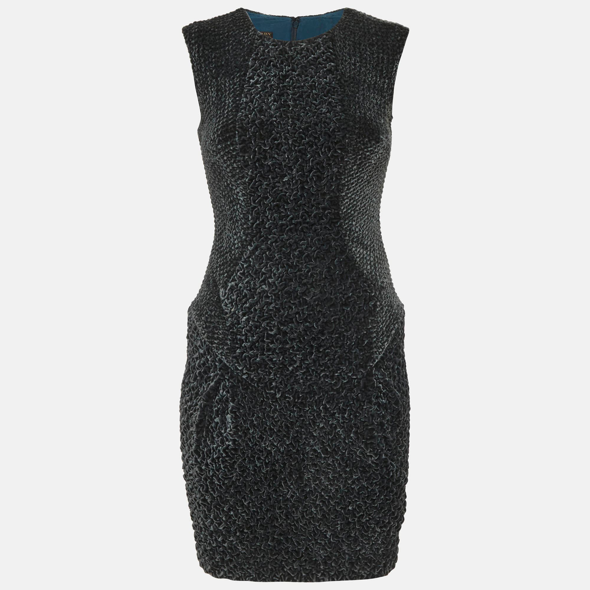 Burberry Green Velvet Smocking Textured Shift Mini Dress S