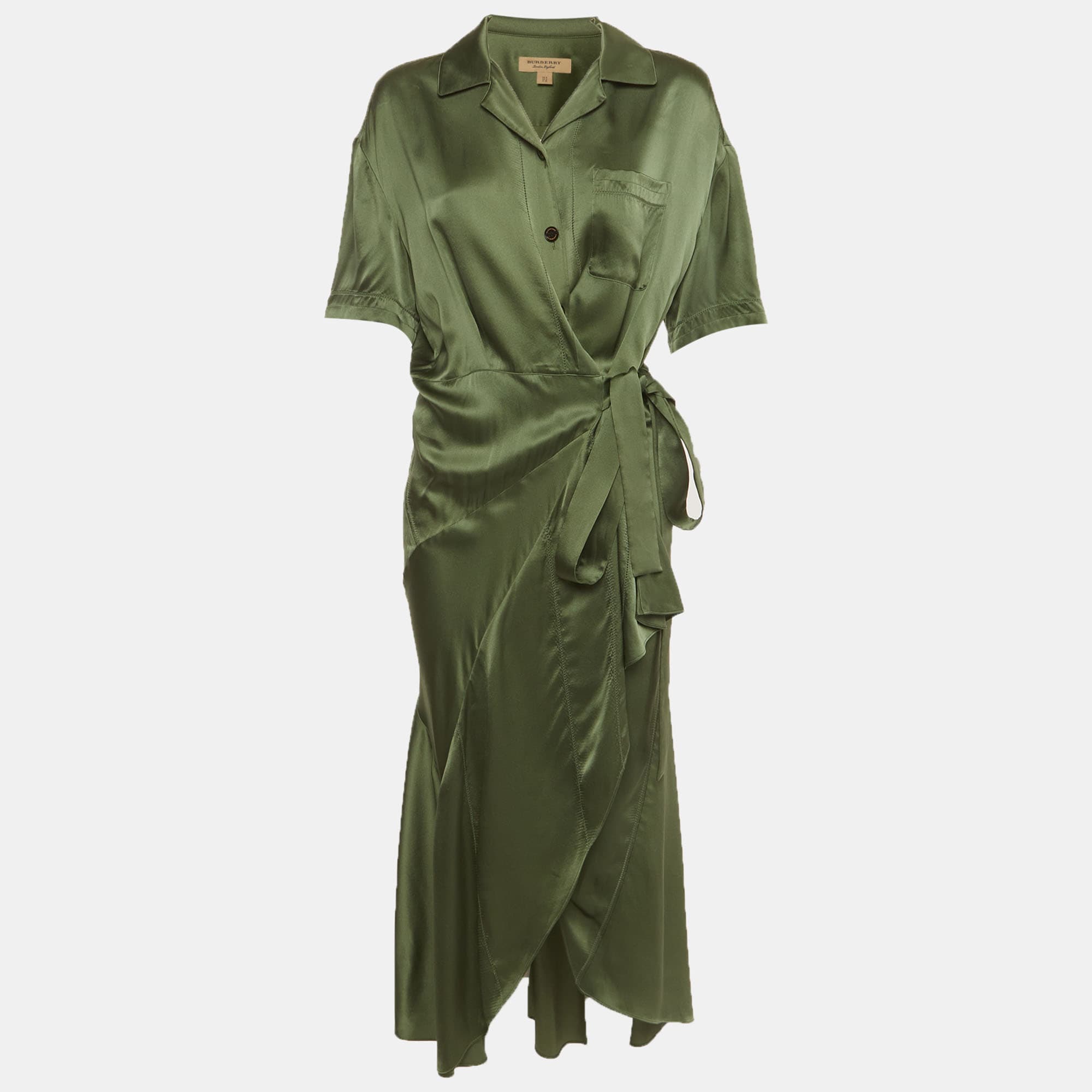 Burberry Green Satin Wrap Button Up Shirt Dress S