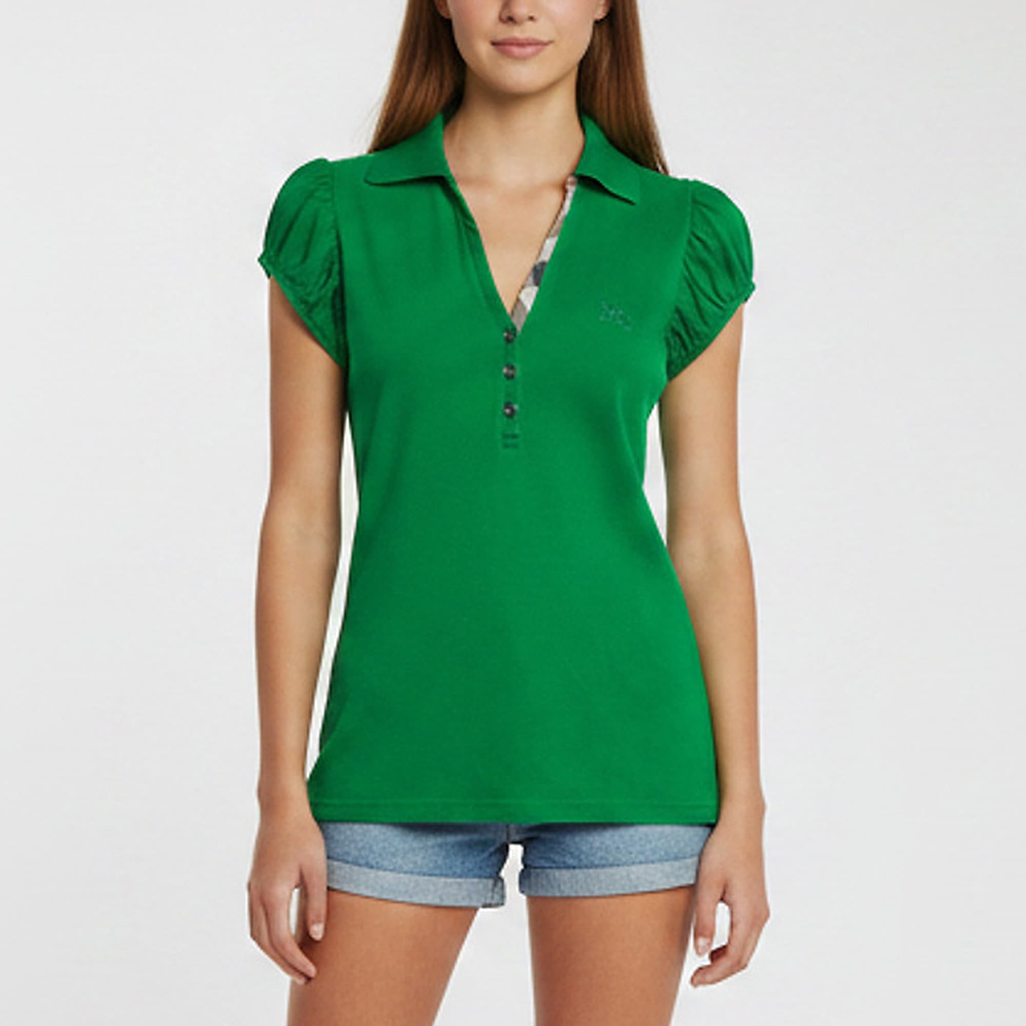 Burberry Green Pique Cotton Puff Sleeve Polo T-Shirt M