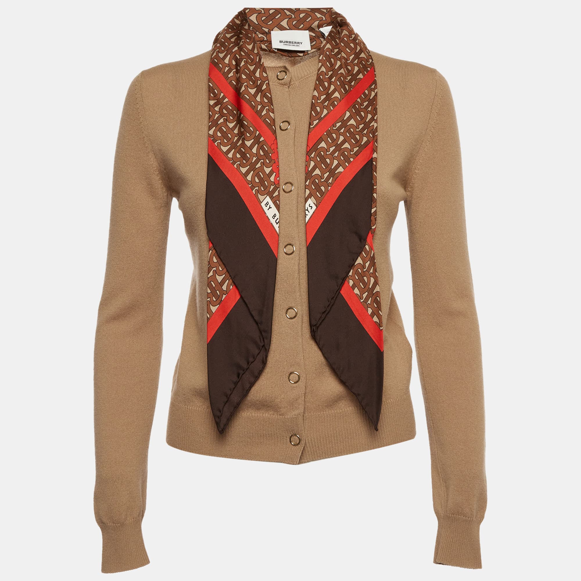 Burberry Brown Cashmere Scarf Neck Button Front Cardigan XS