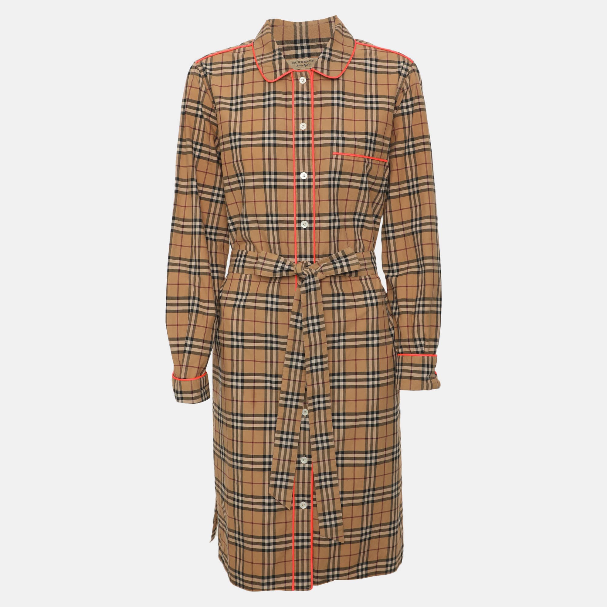 Burberry Beige Check Cotton Belted Shirt Dress S