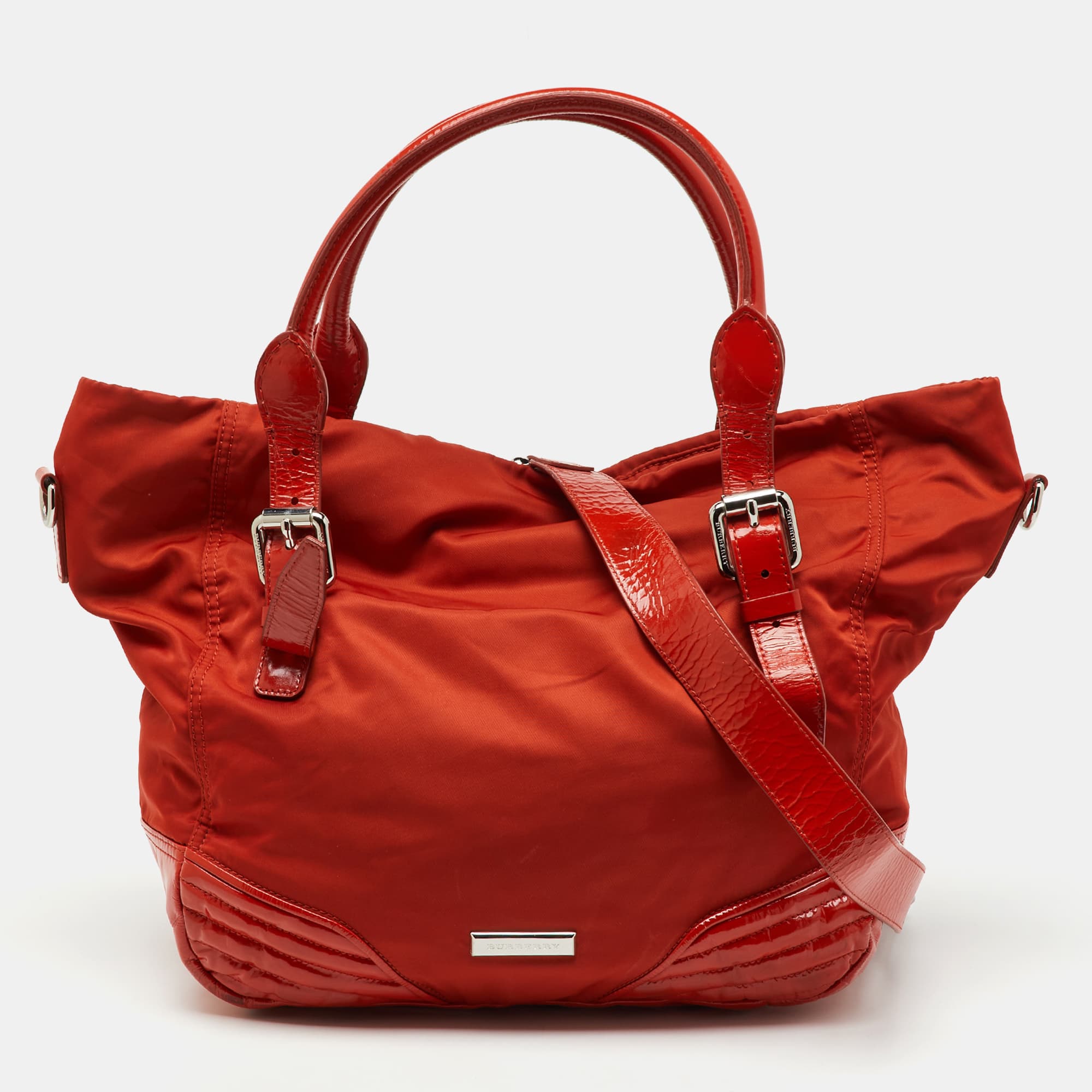 Burberry Orange Nylon and Patent Leather Buckle Handle Tote