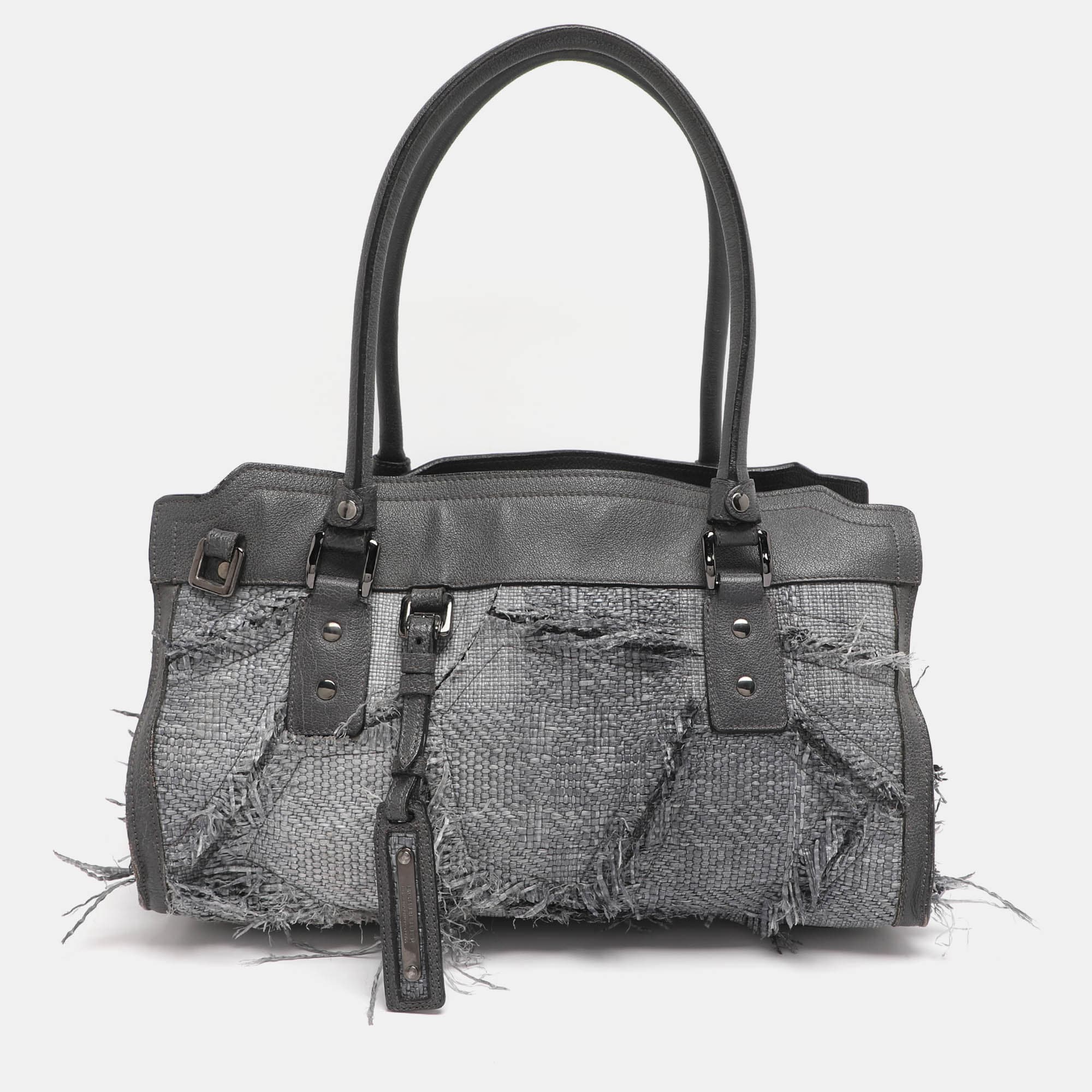 Burberry Grey Leather and Woven Patchwork Straw Satchel