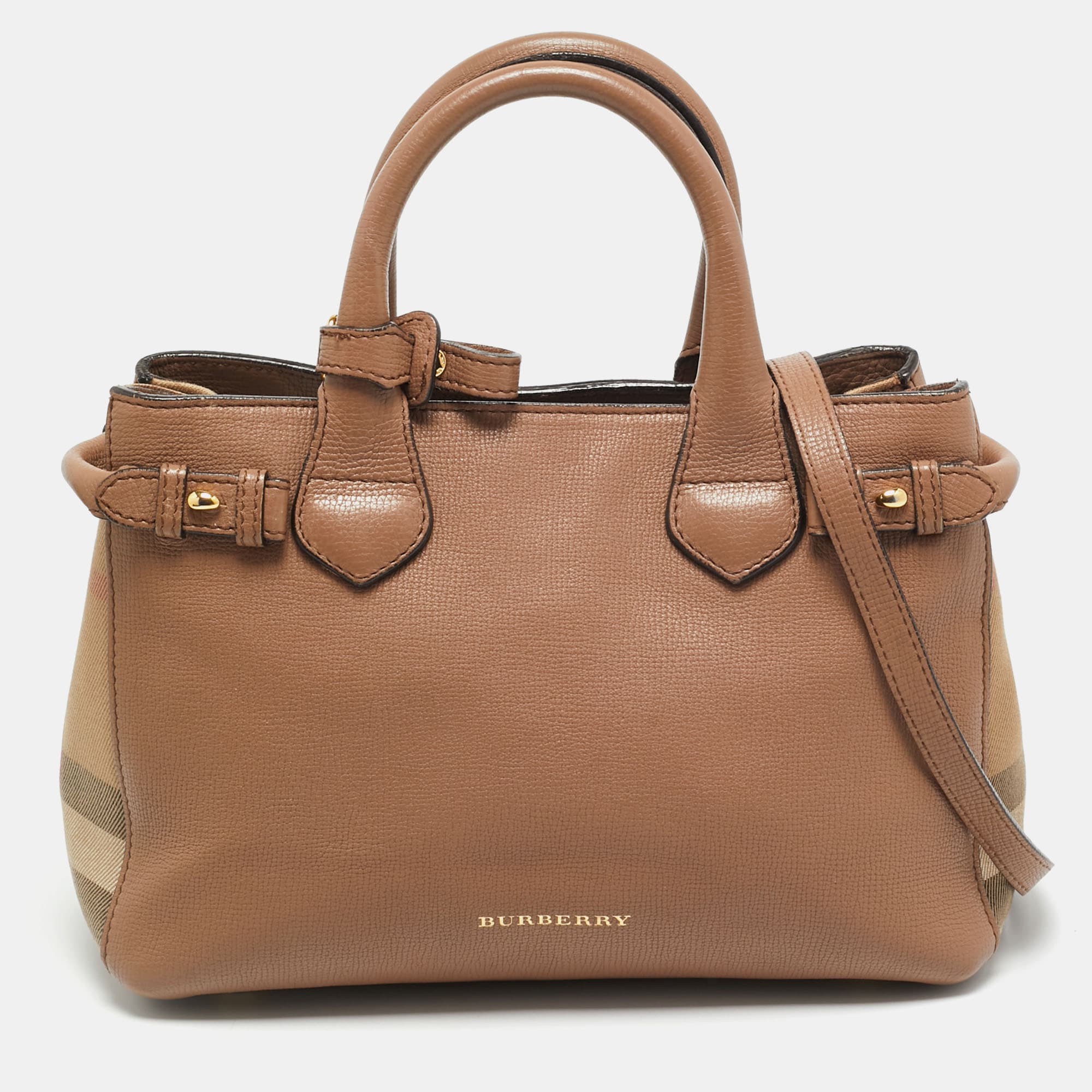 Burberry Banner Small Brown/Beige House Check Fabric and Leather Tote