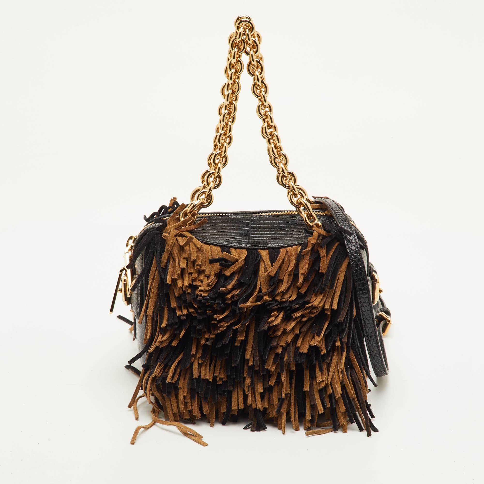 Burberry Black/Brown Lizard Embossed Leather and Fringe Suede Chain Satchel