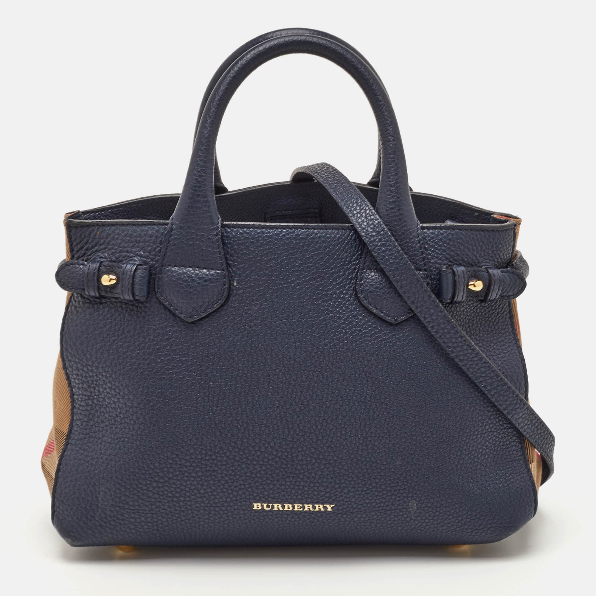 Burberry Banner Small Navy Blue/Beige Leather and House Check Canvas Tote
