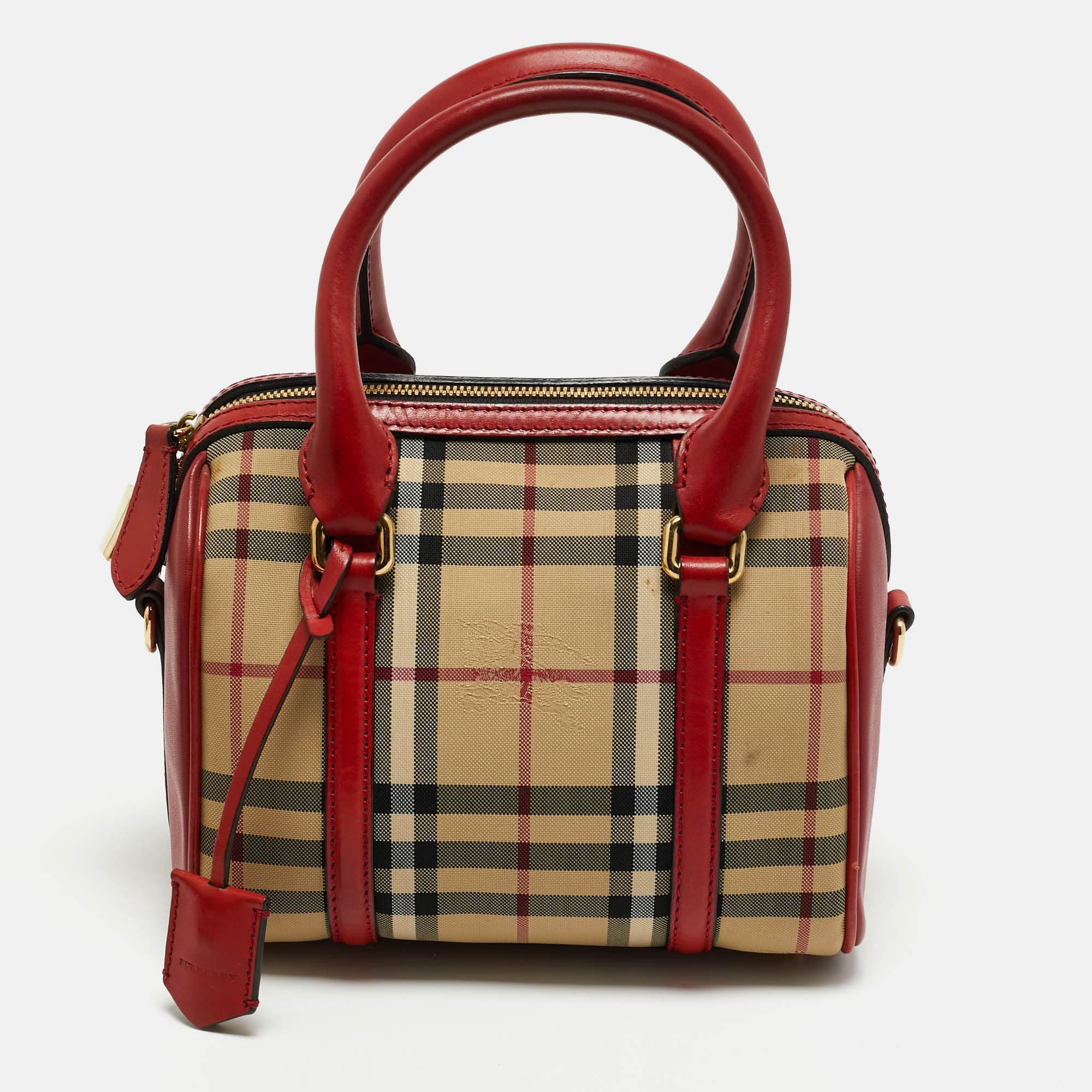 Burberry Alchester Small Red/Beige Haymarket Fabric and Leather Bowler Bag
