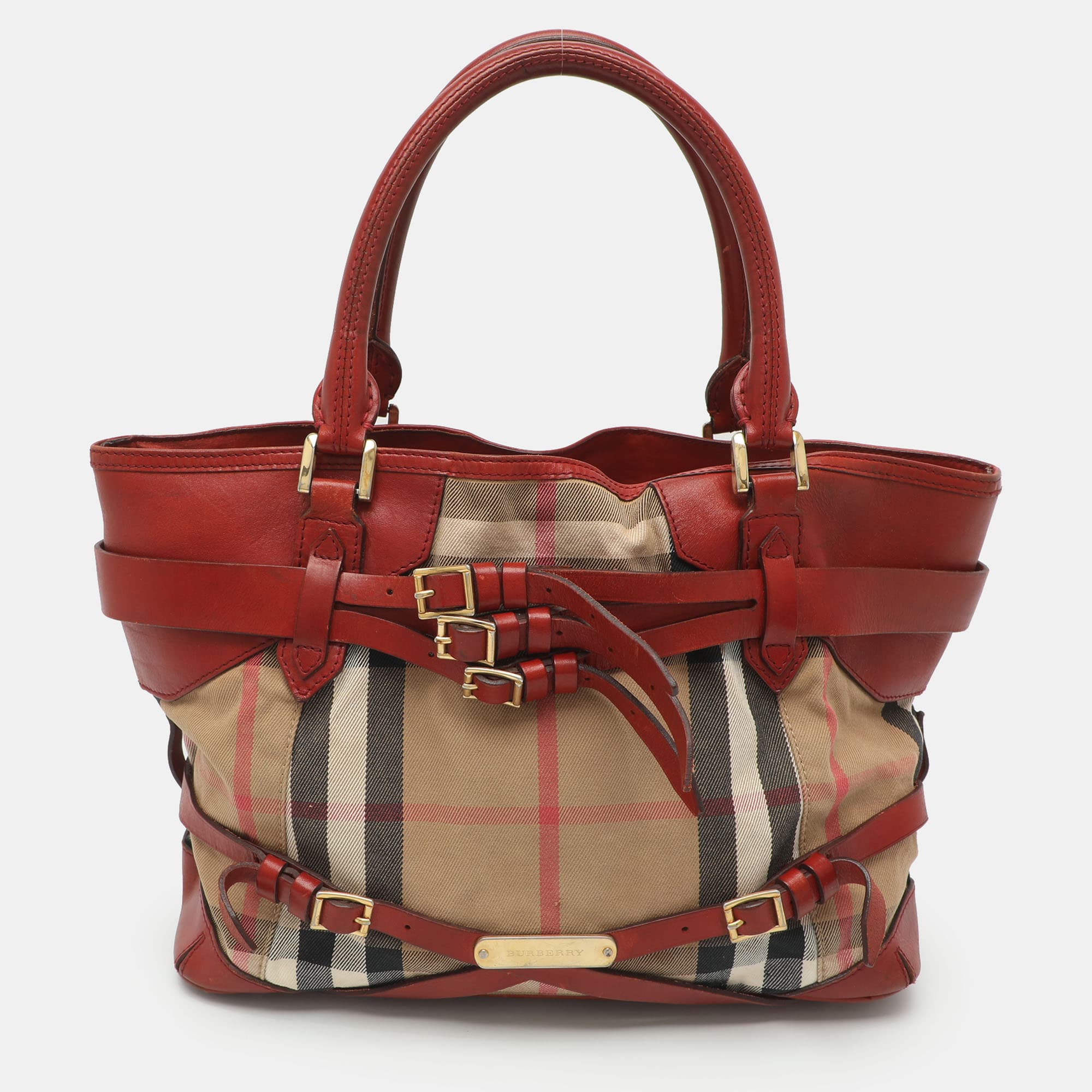 Burberry Bridle Lynher Medium Red/Beige House Check Canvas and Leather Tote