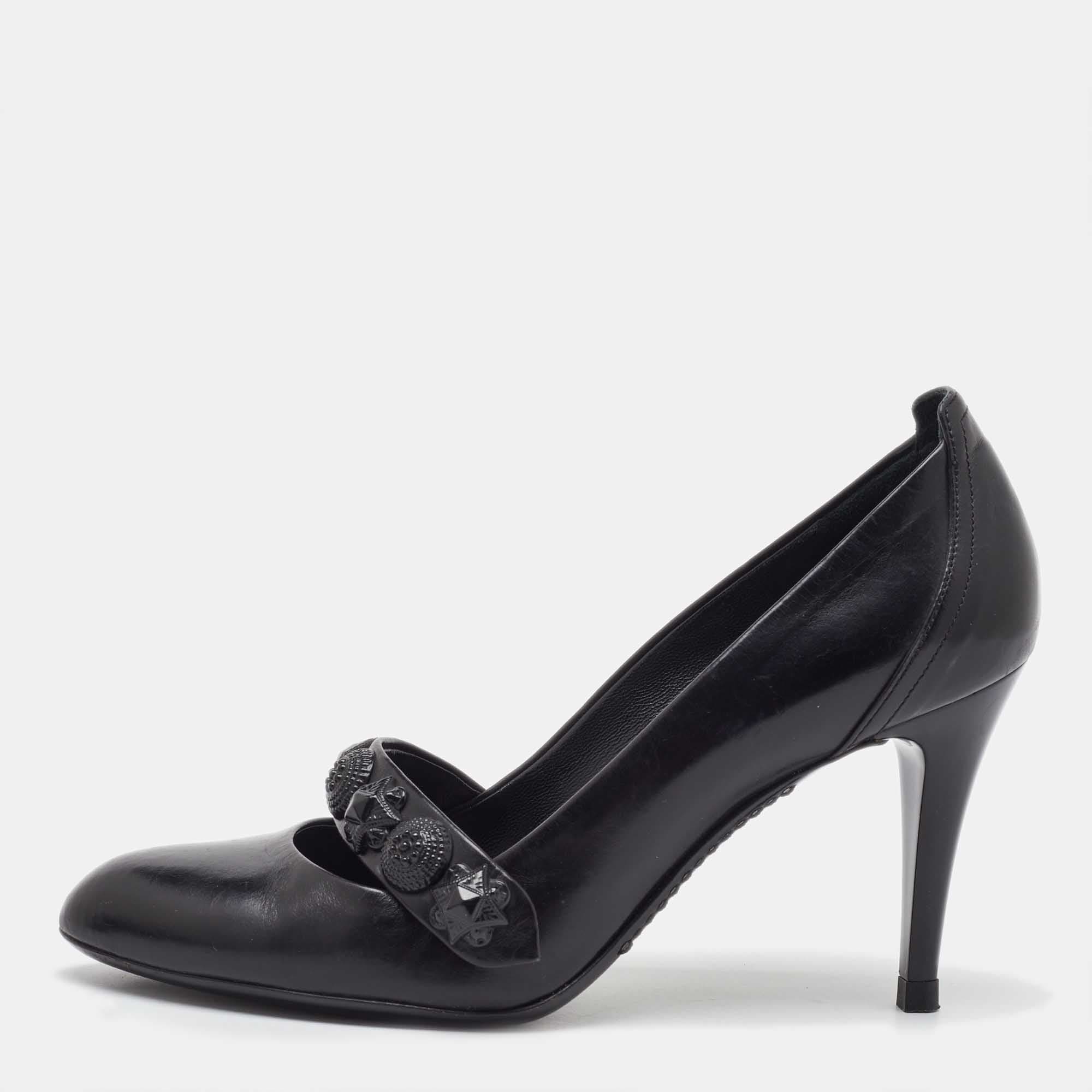 Burberry Black Leather Embellished Mary Jane Pumps Size 38