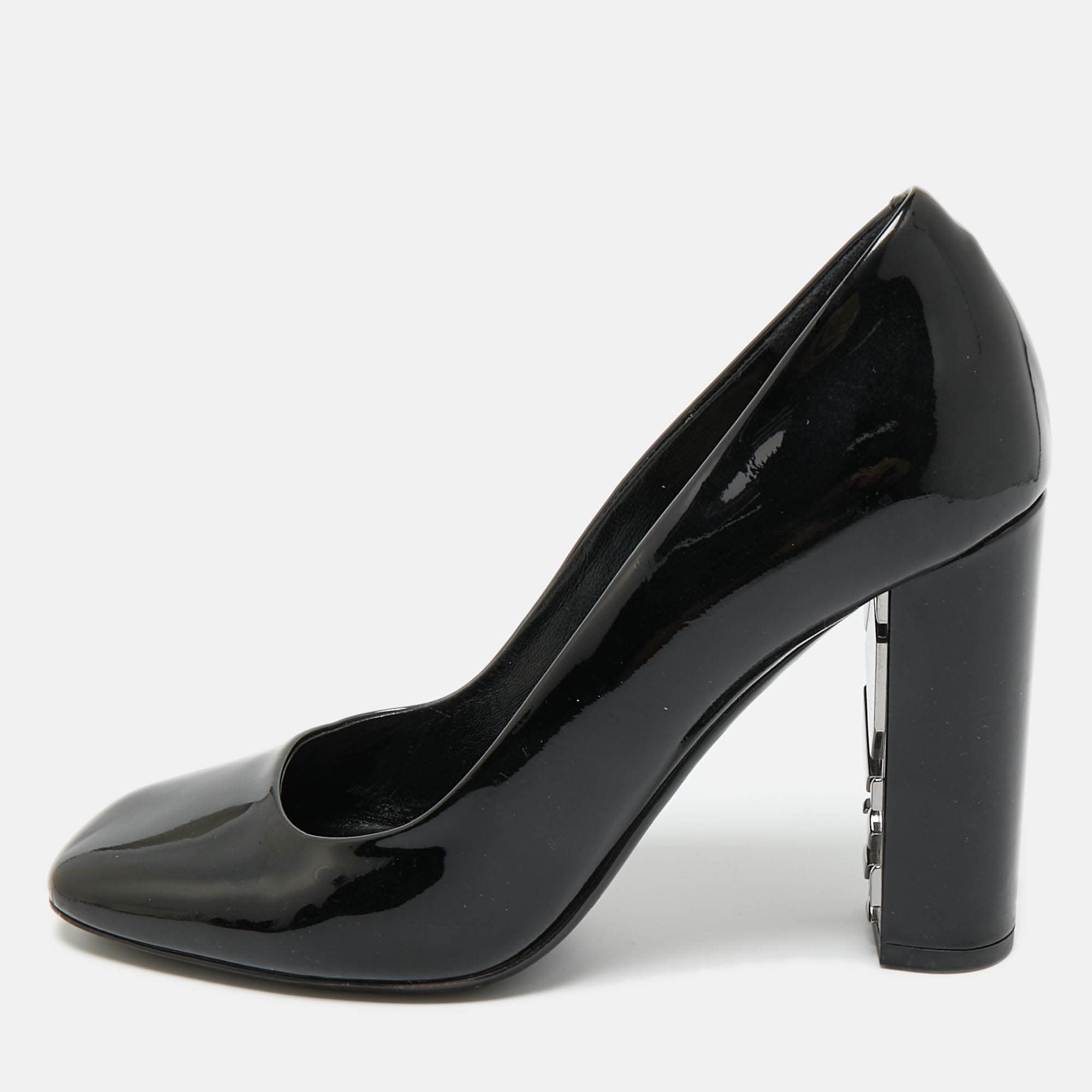 Burberry Black Patent Leather Block Heel Pumps Size 37.5