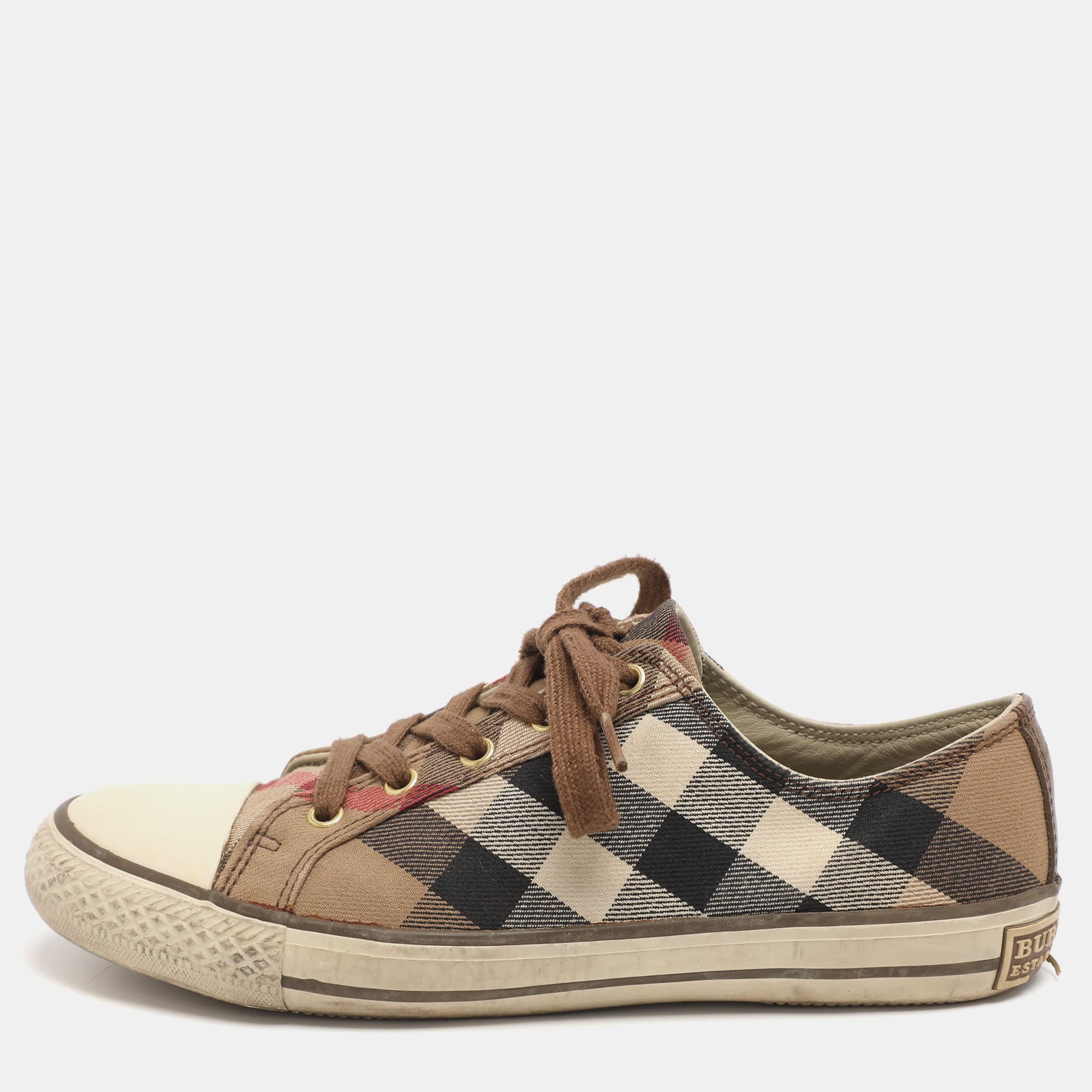 Burberry Size 38 Beige House Checked Canvas and Rubber Low Top Sneakers