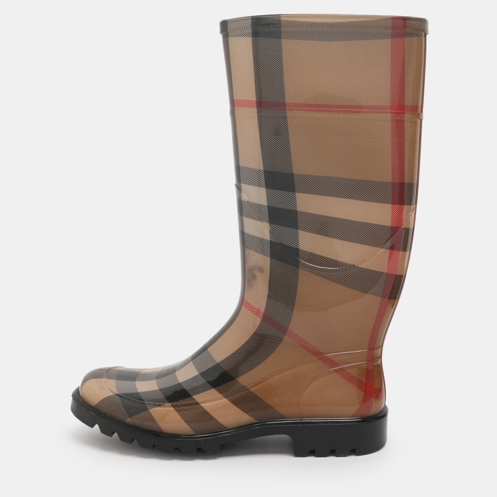 Burberry Size 38 Beige Nova Check Rubber Rain Boots