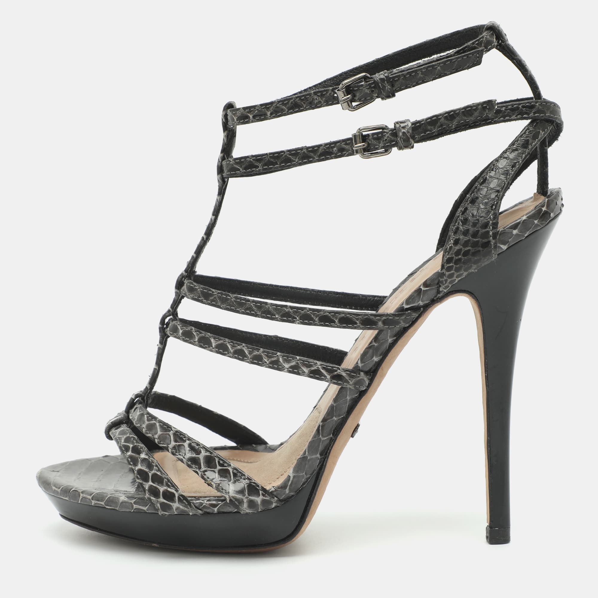 Burberry Size 36.5 Dark Grey Snakeskin Leather Ankle Strap Sandals
