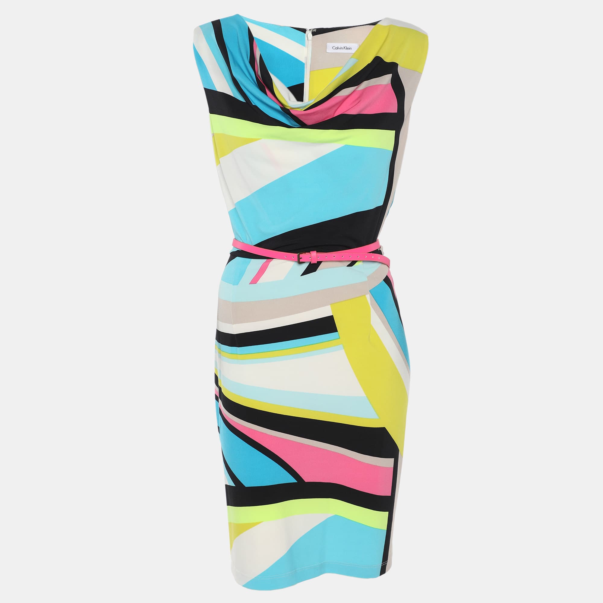 Calvin Klein Multicolor Printed Jersey Sleeveless Belted Mini Dress L