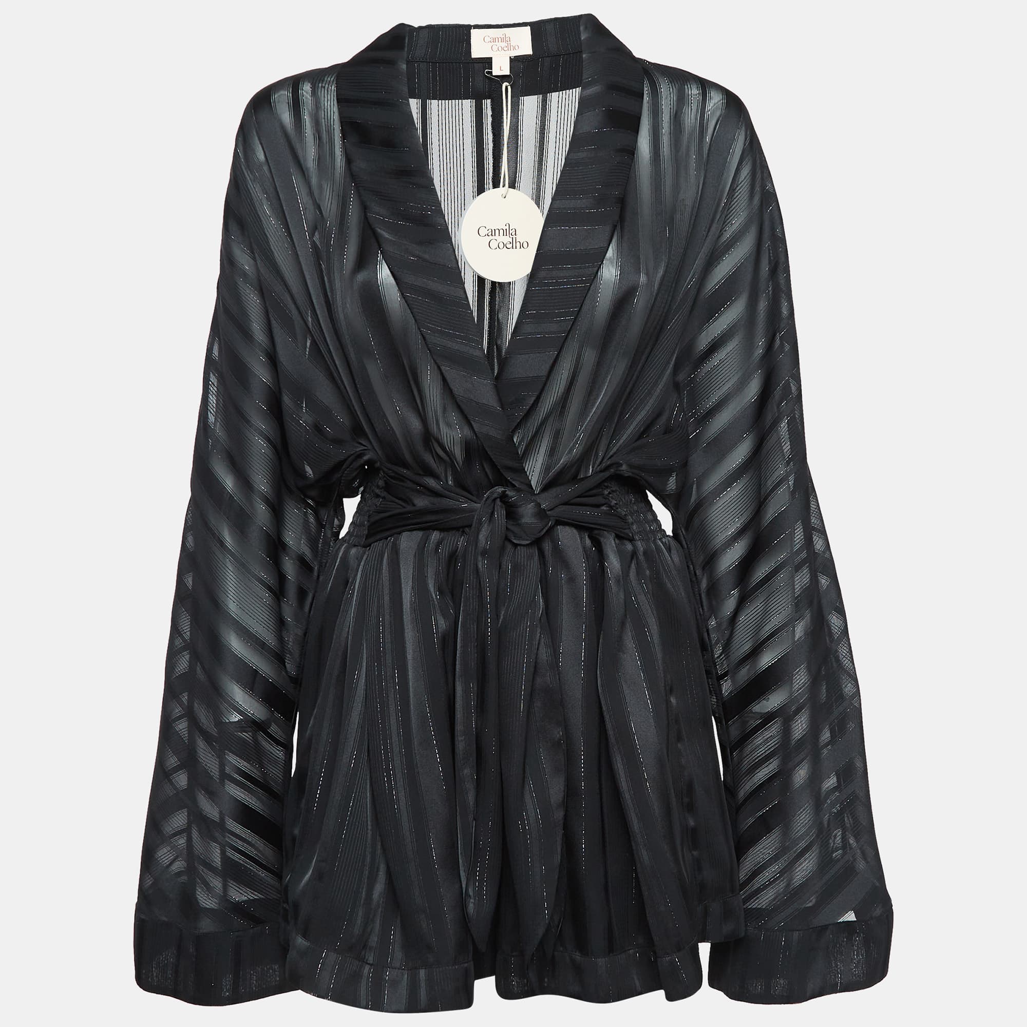 Camila Coelho Black Stripe Lurex Satin Amelia Playsuit L