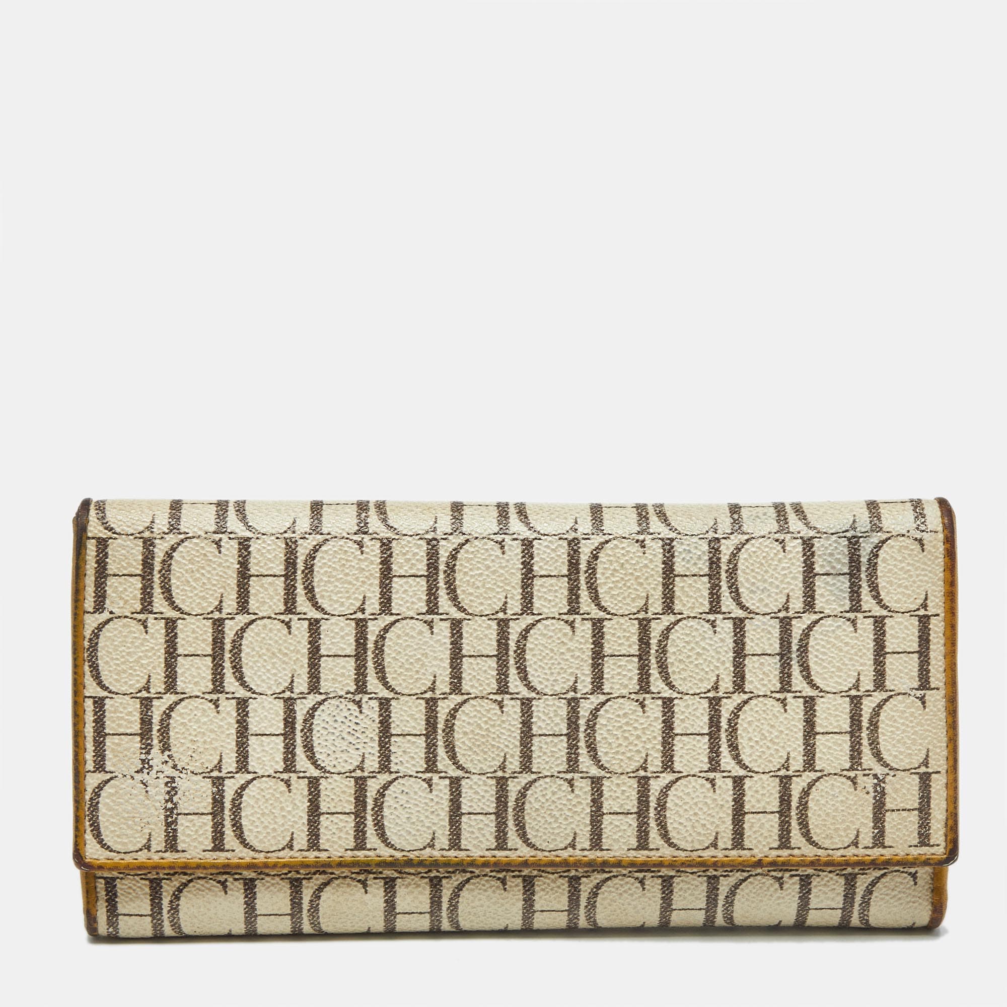 Carolina Herrera Off White Monogram Coated Canvas and Leather Trifold Continental Wallet