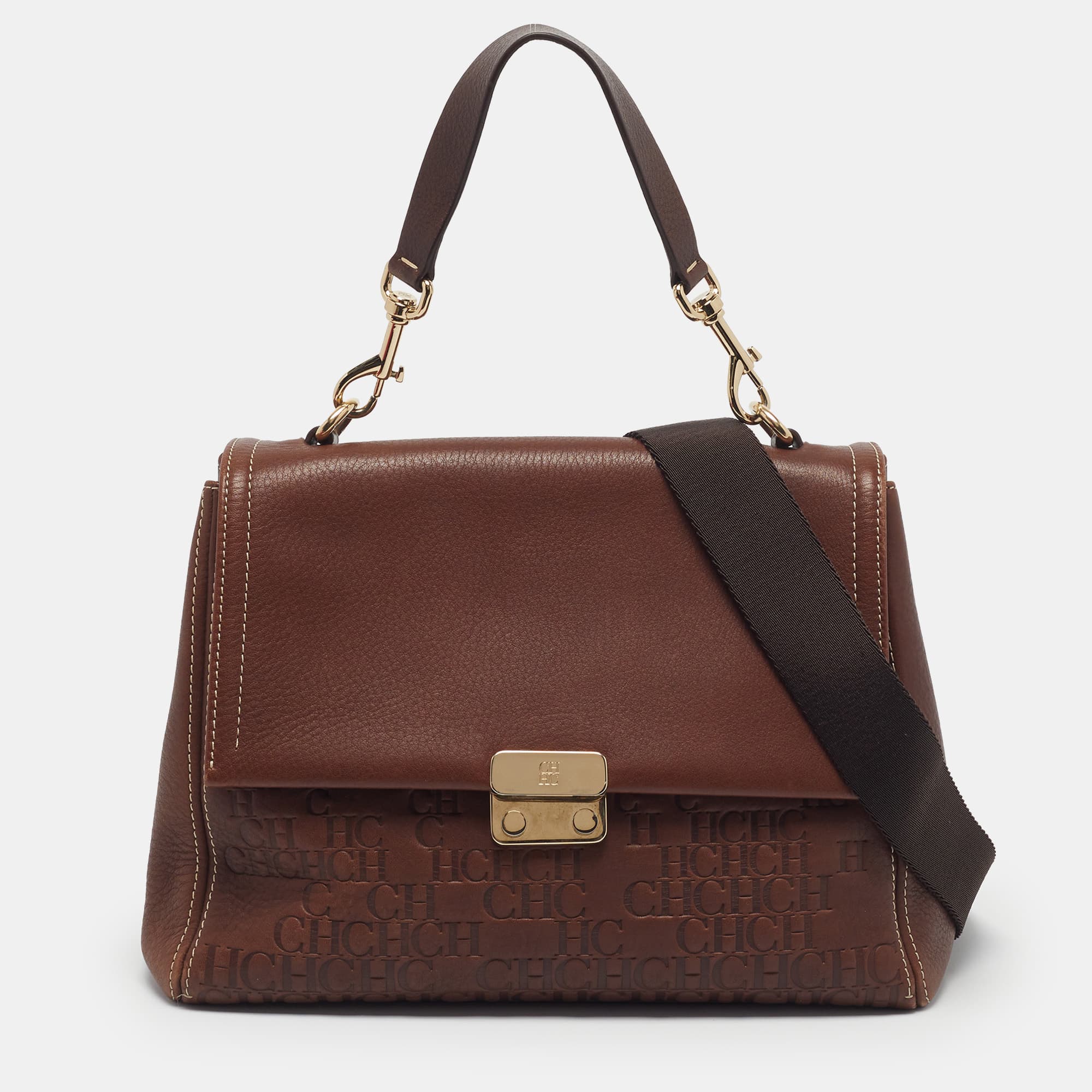 Carolina Herrera Baret Brown Monogram Embossed Leather Top Handle Bag