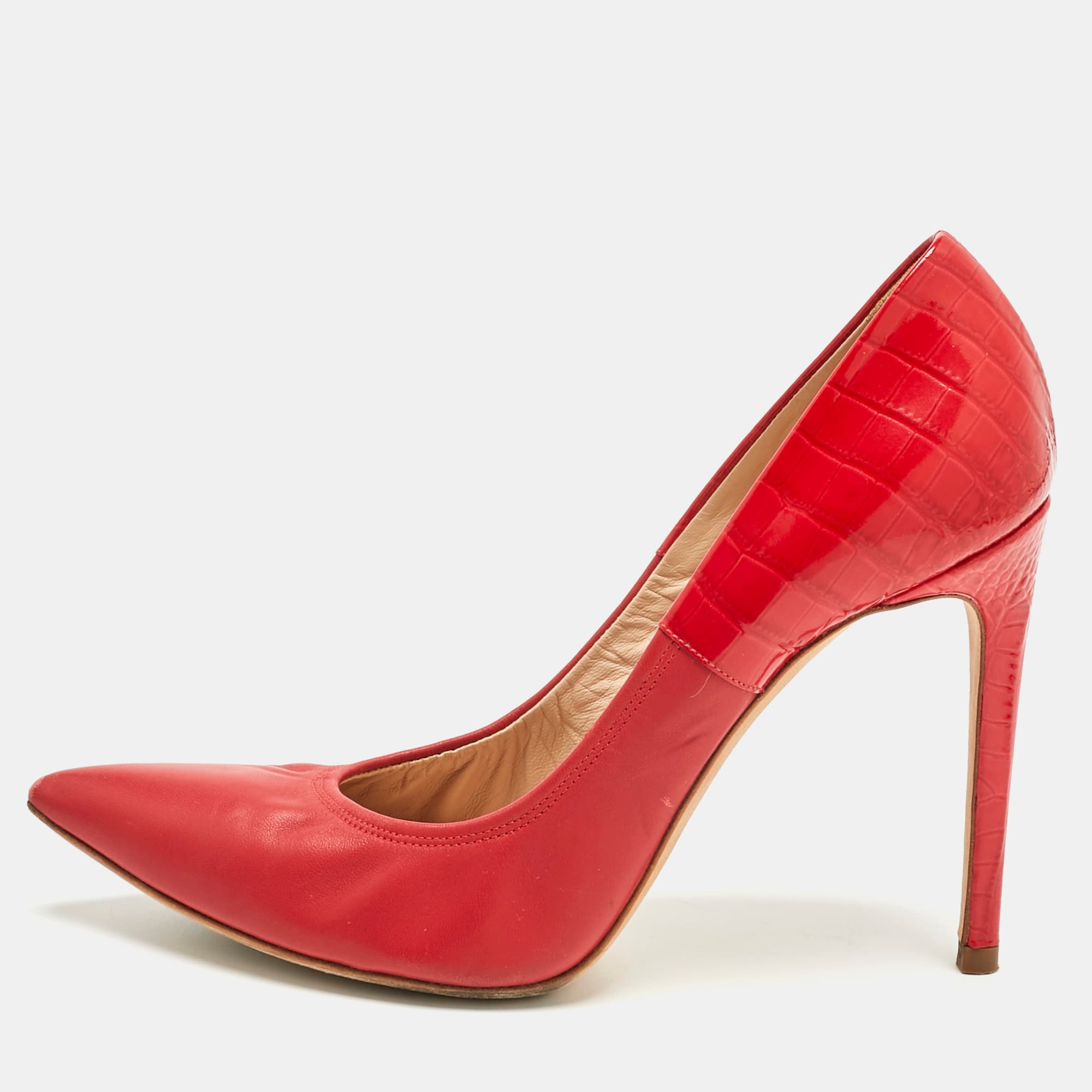 Casadei Red Croc Embossed Patent Leather and Leather Pointed Toe Pumps Size 36.5