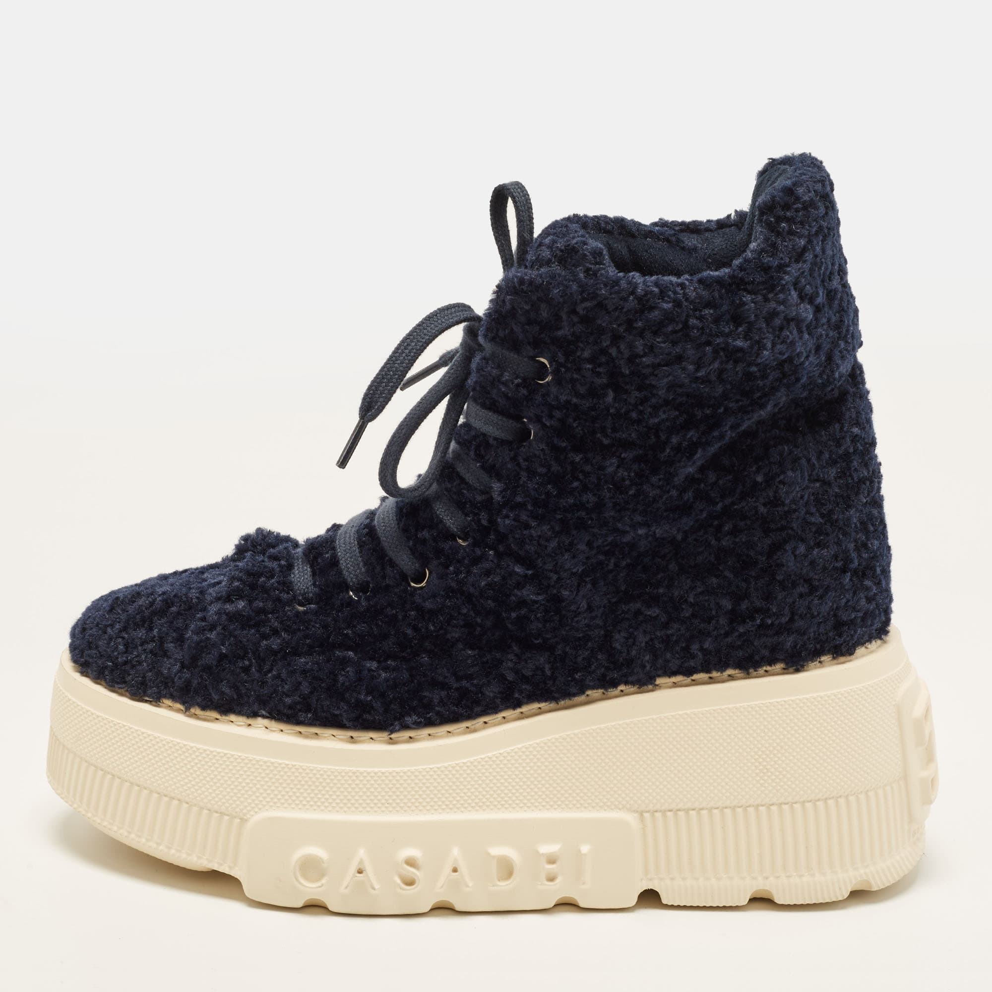 Casadei Size 39 Navy Blue Shearling Fur Combat Boots