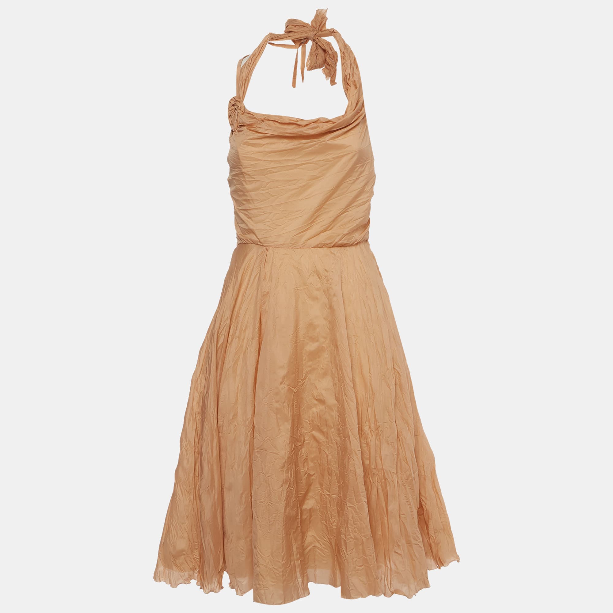 Celine Tan Crinkled Silk Blend Halter Mini Dress M