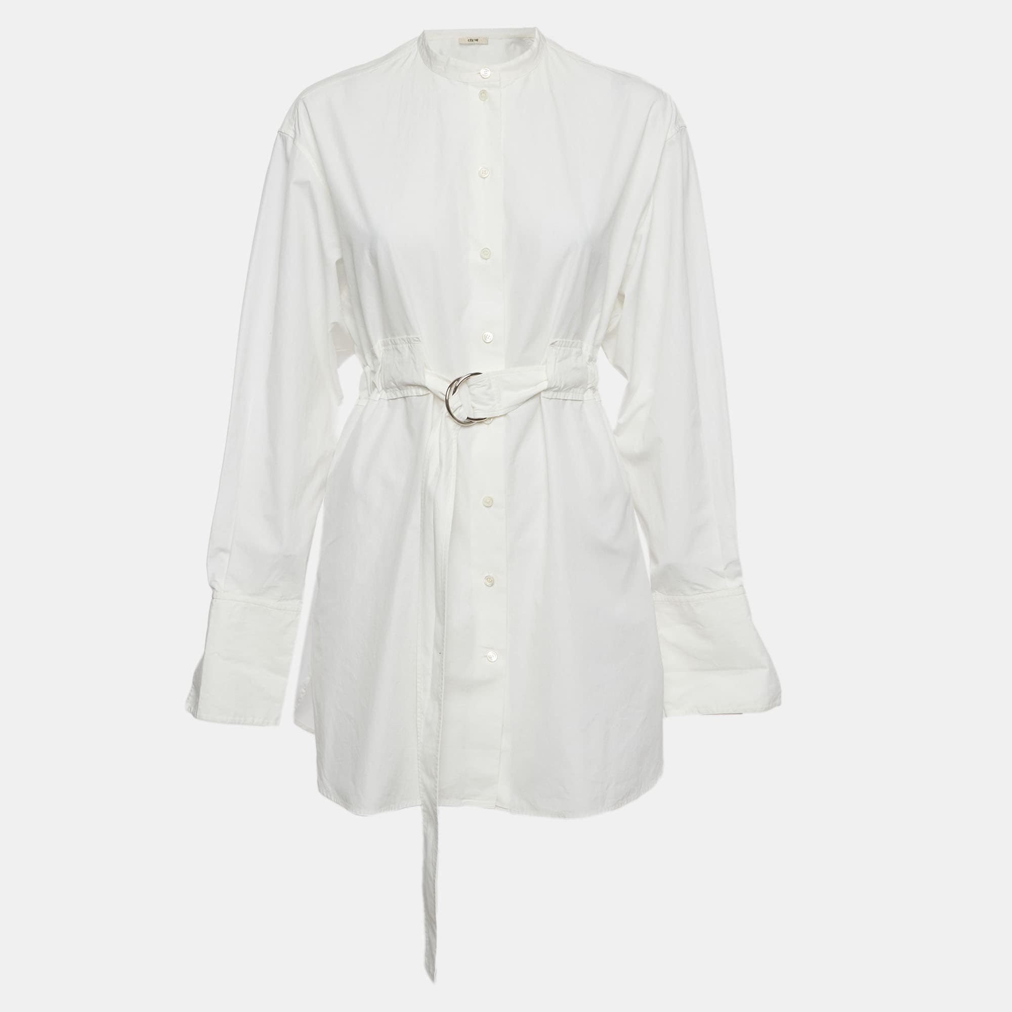 Celine White Cotton Button Front Belted Top M